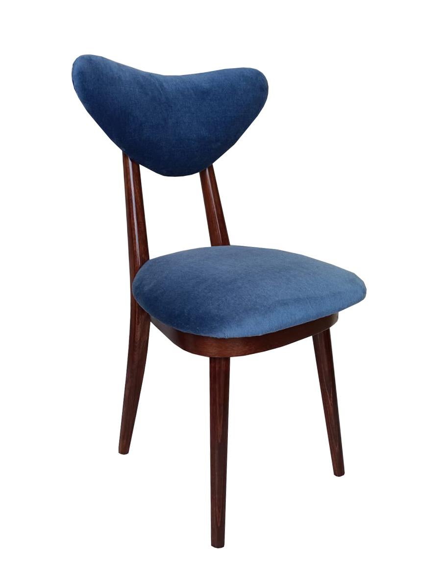 Polish Mid Century Blue Velvet, Walnut Wood, Heart Chair, Poland, 1960s For Sale