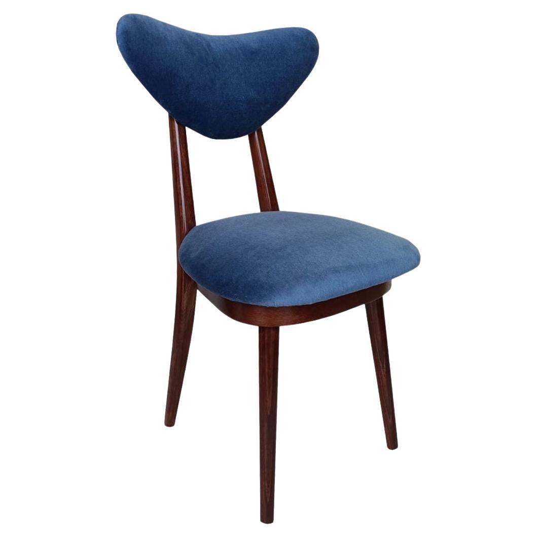 Mid Century Blue Velvet, Walnut Wood, Heart Chair, Poland, 1960s