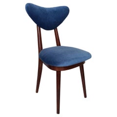 Mid Century Blue Velvet, Walnut Wood, Heart Chair, Poland, 1960s