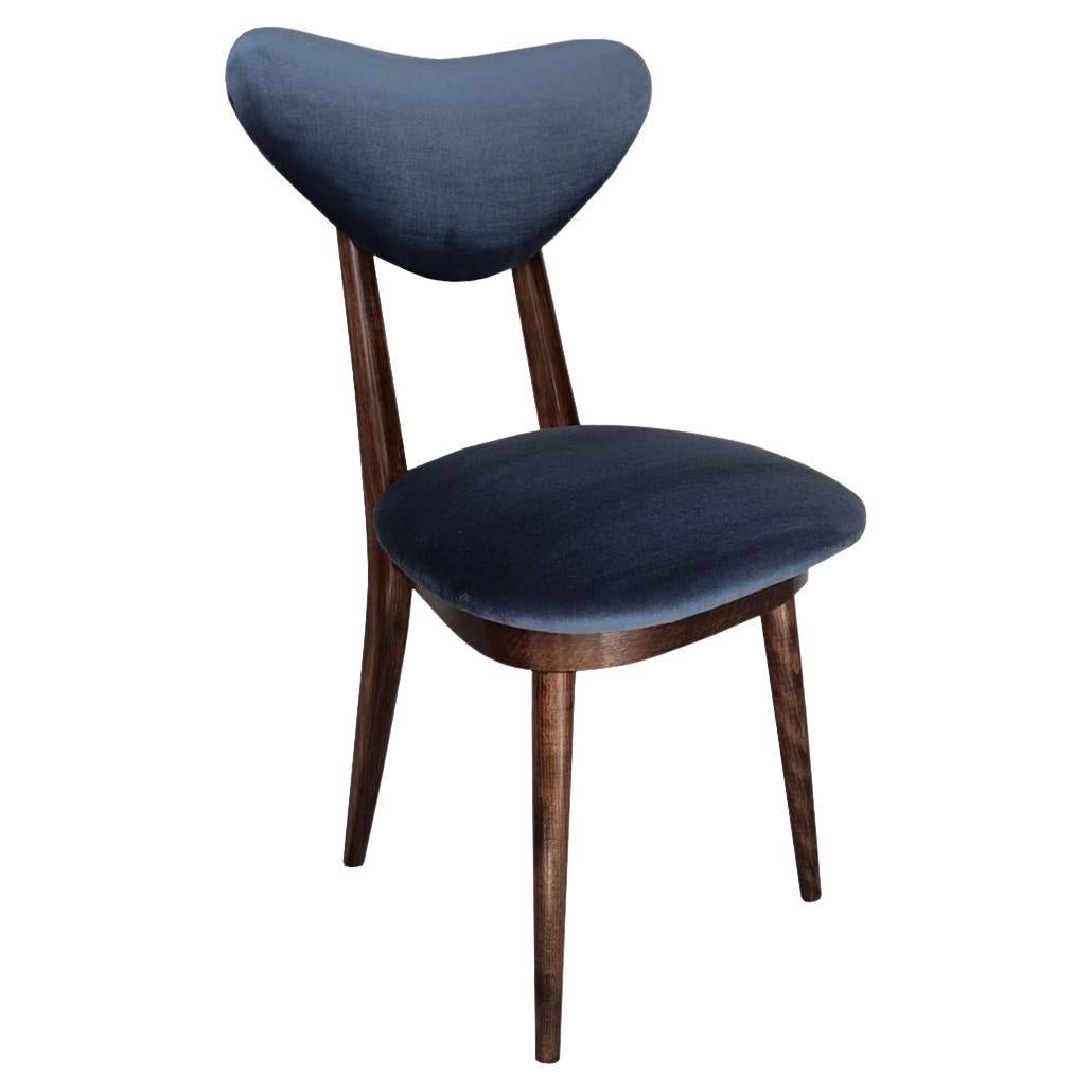 Mid Century Blue Velvet, Walnut Wood, Heart Chair, Poland, 1960s