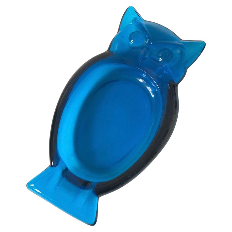 Mid Century Blue Viking Glass Owl Ashtray at 1stDibs