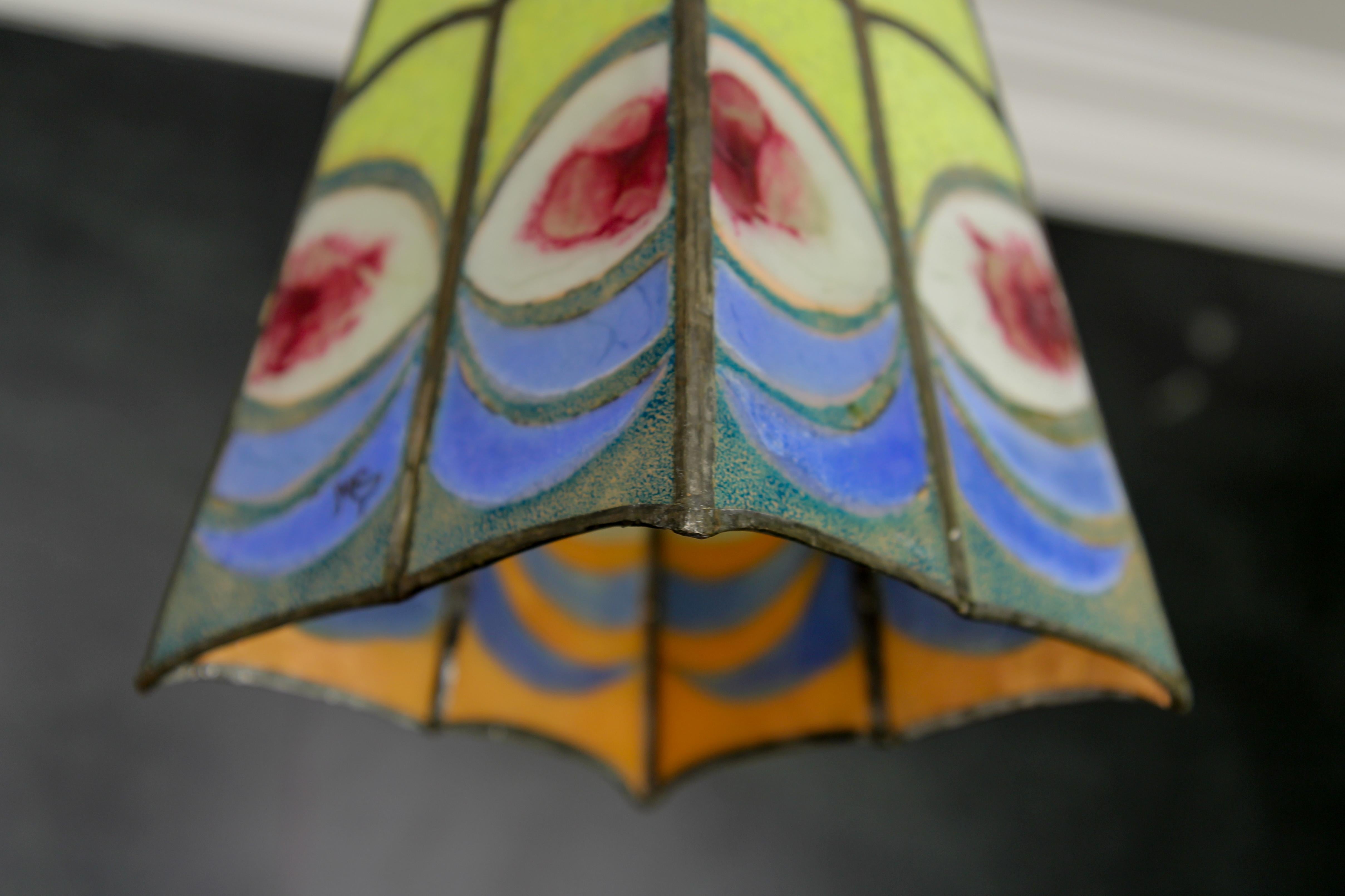 Mid-Century Blue, Yellow and Red Stained Glass Pendant Light Fixture, Signed MS For Sale 4