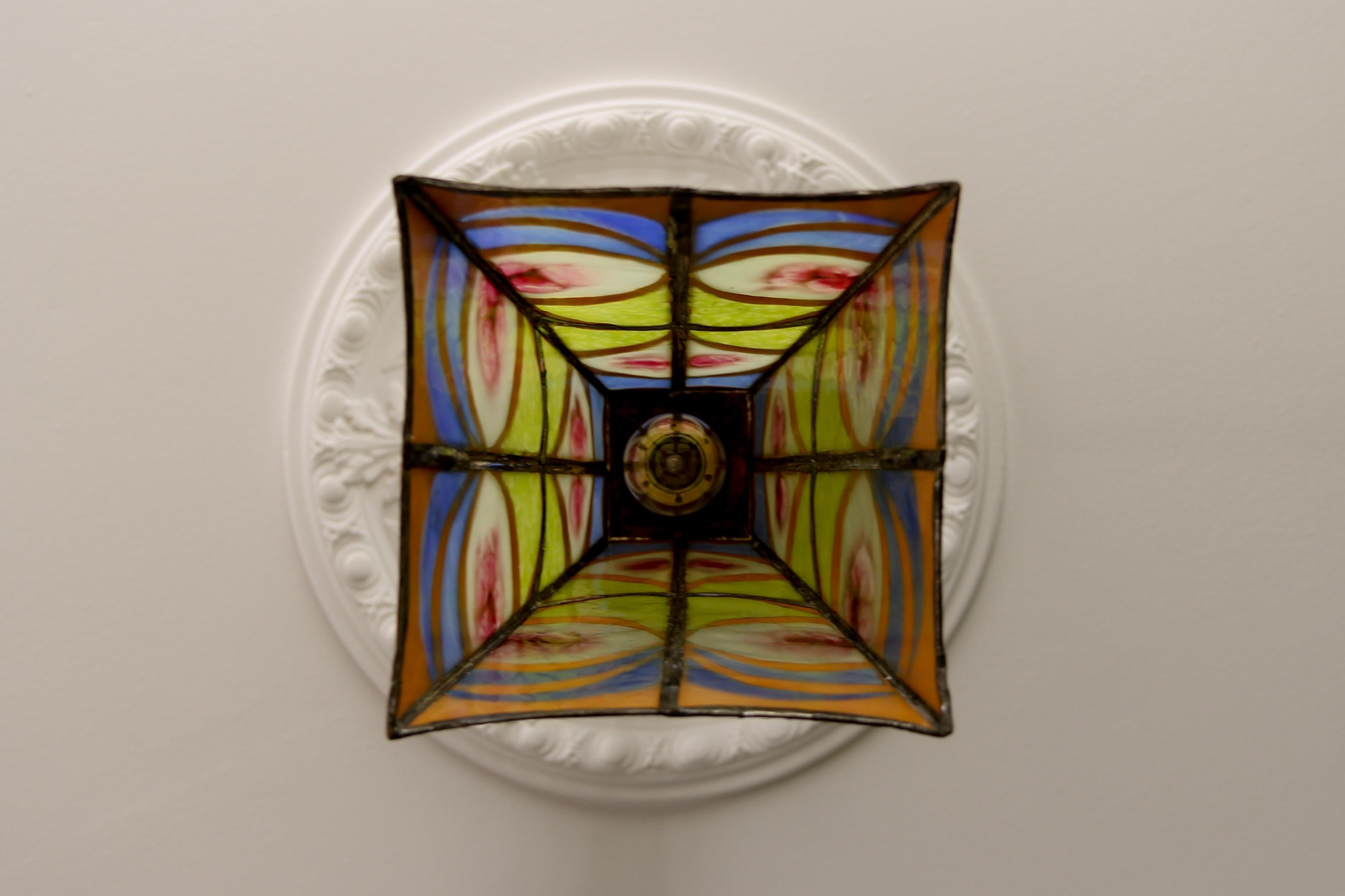 Mid-Century Blue, Yellow and Red Stained Glass Pendant Light Fixture, Signed MS For Sale 5