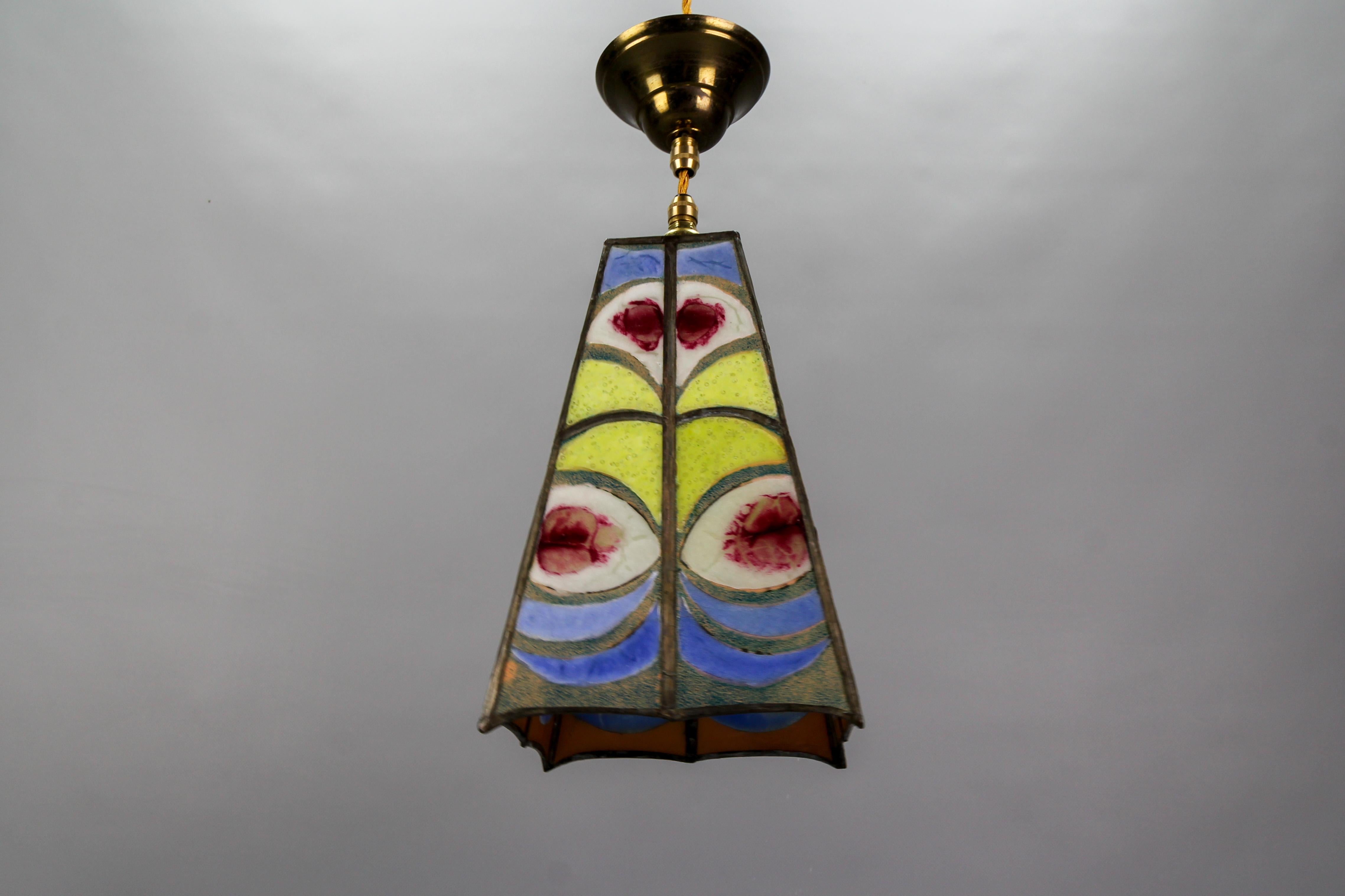 Mid-Century Blue, Yellow and Red Stained Glass Pendant Light Fixture, Signed MS For Sale 7