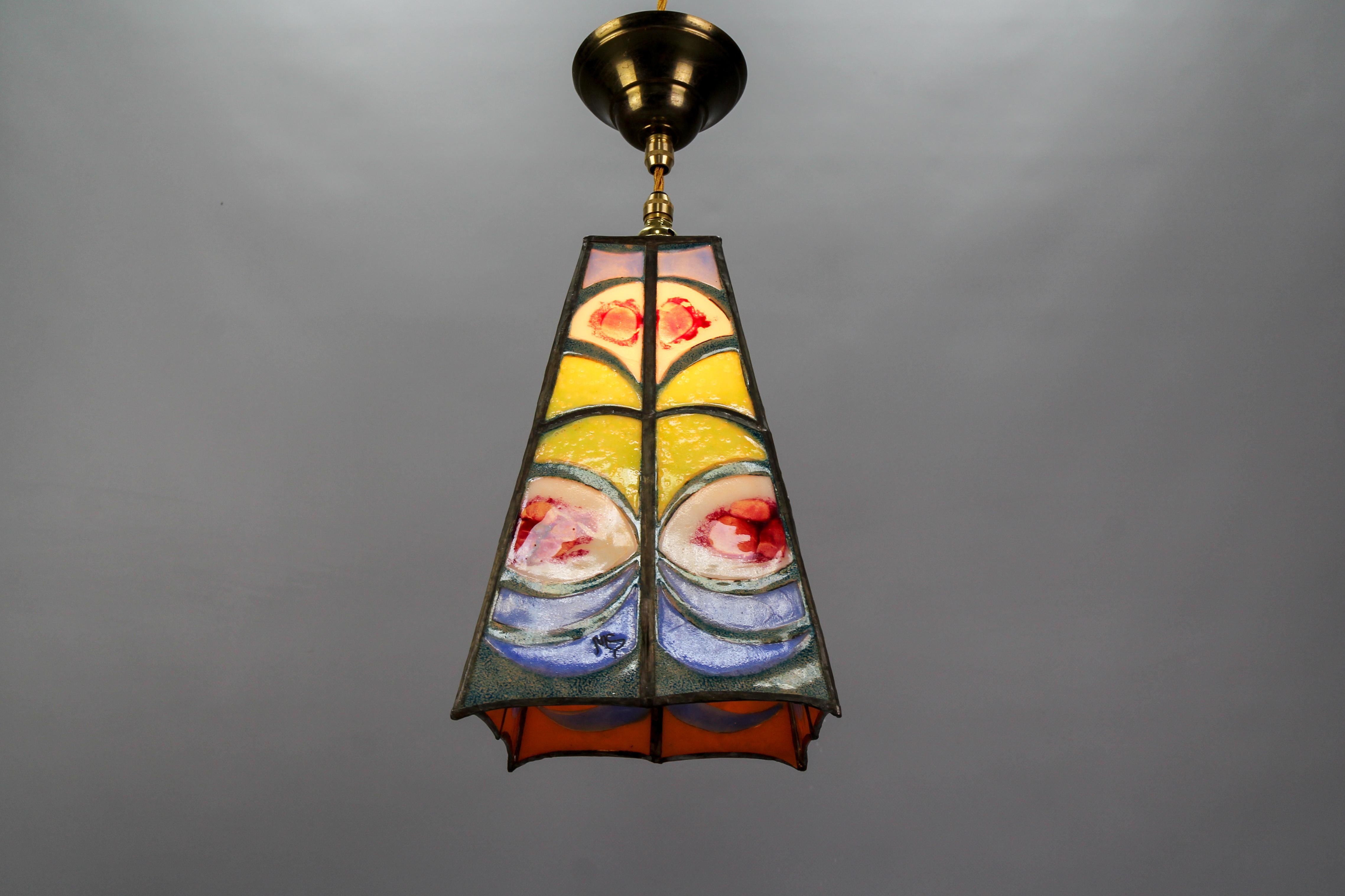 Mid-Century Blue, Yellow and Red Stained Glass Pendant Light Fixture, Signed MS For Sale 8