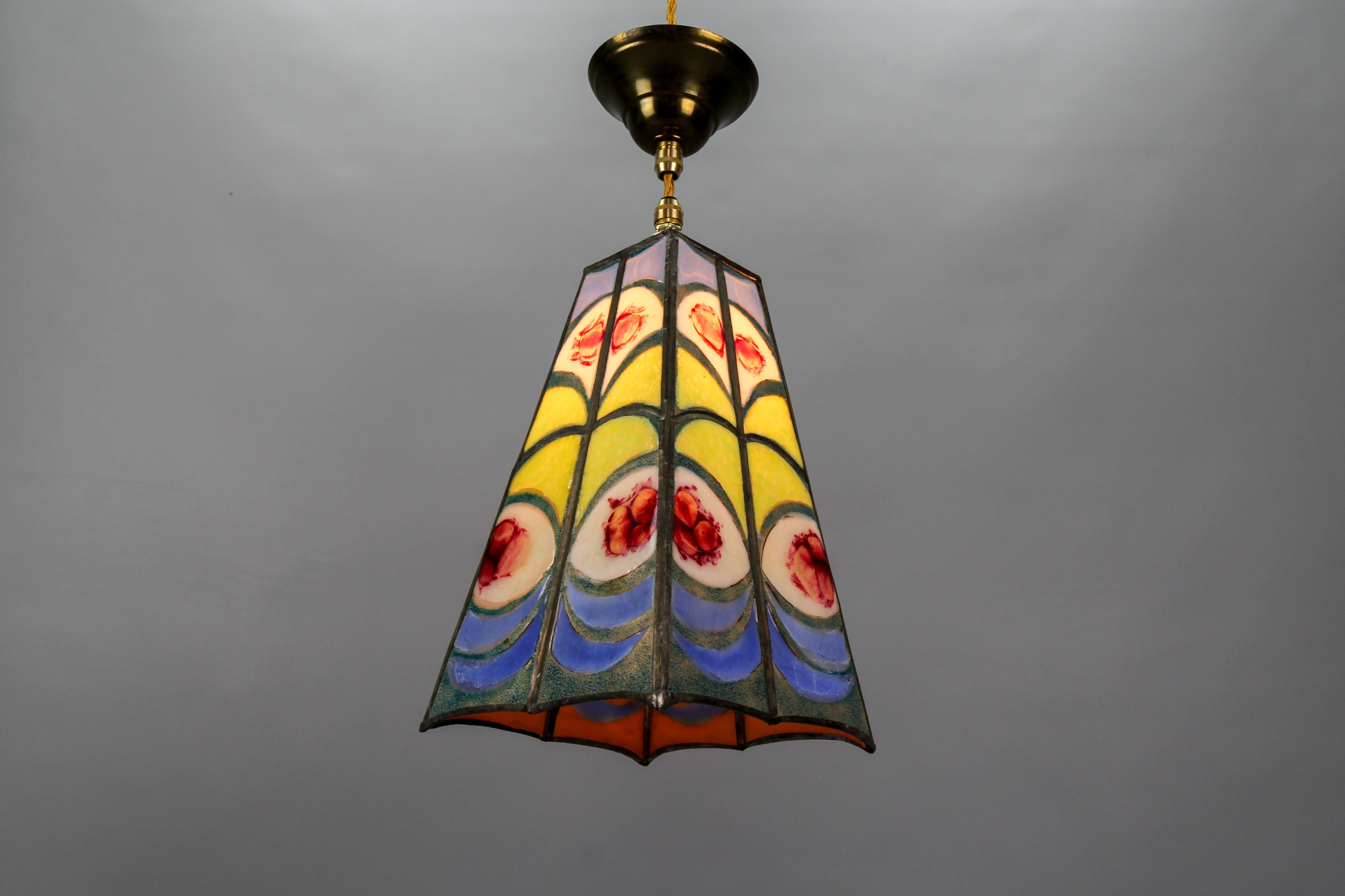 Mid-Century Blue, Yellow and Red Stained Glass Pendant Light Fixture, Signed MS For Sale 9