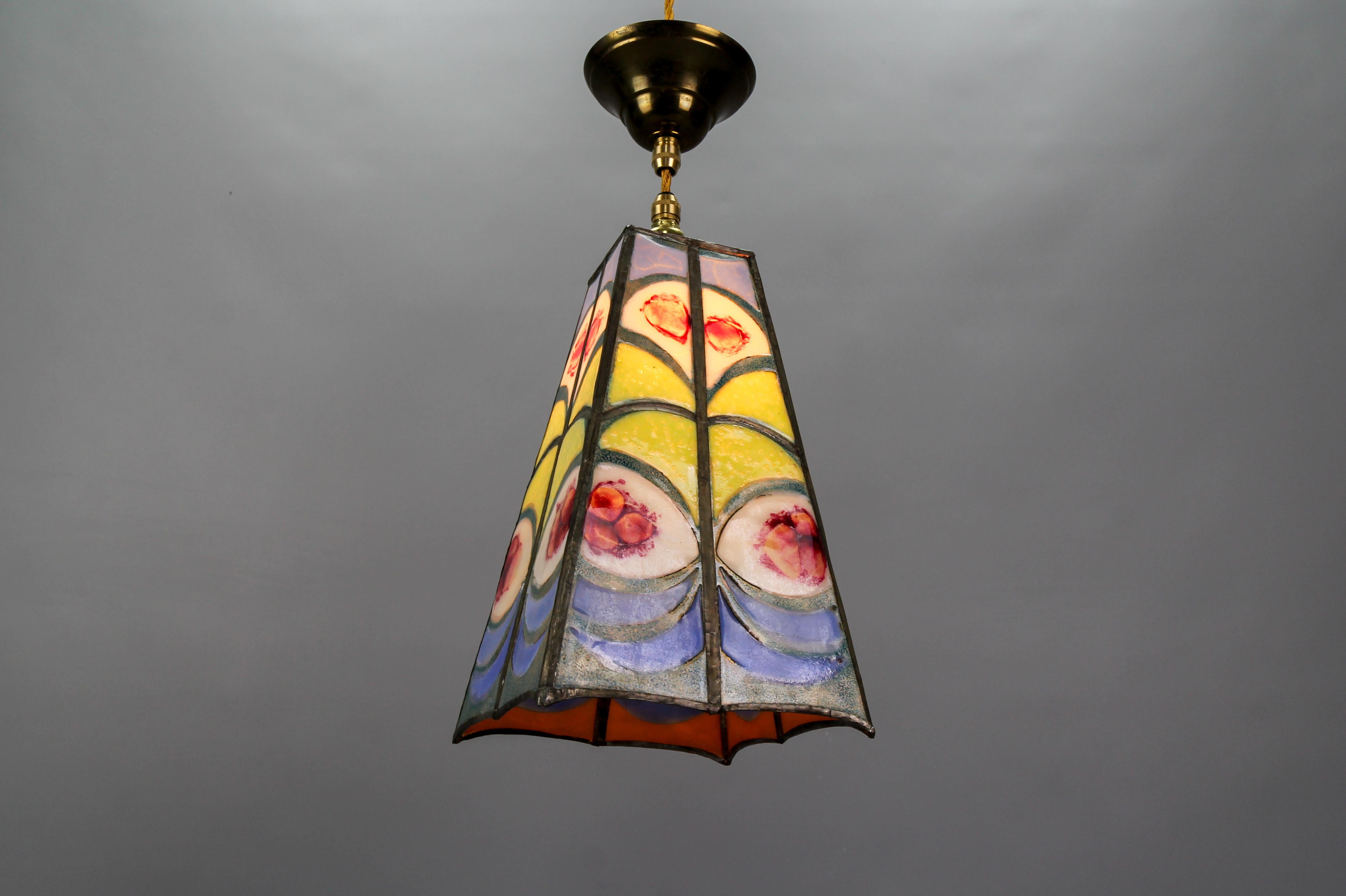 Mid-Century Blue, Yellow and Red Stained Glass Pendant Light Fixture, Signed MS For Sale 10