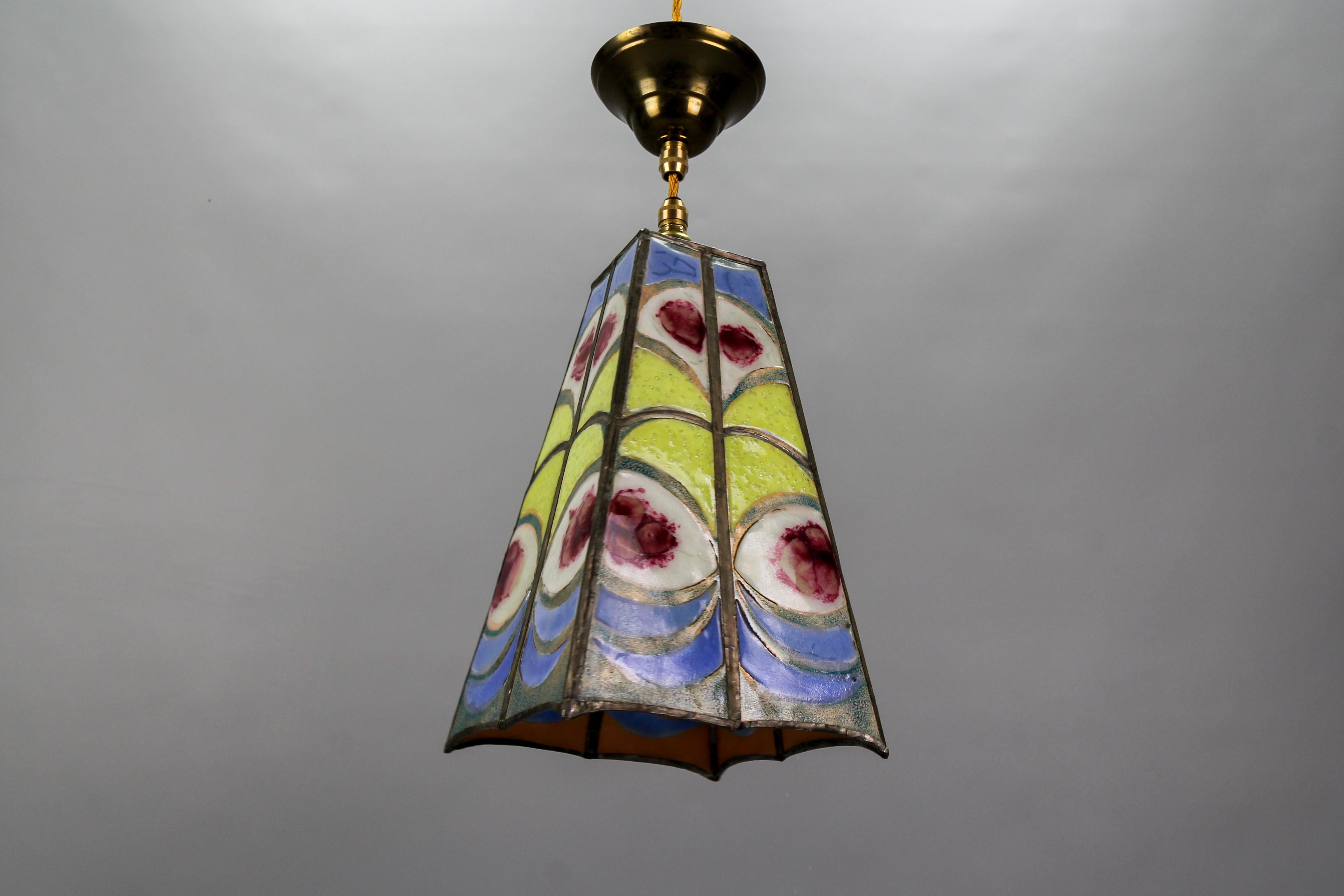 Mid-Century Blue, Yellow and Red Stained Glass Pendant Light Fixture, Signed MS For Sale 11