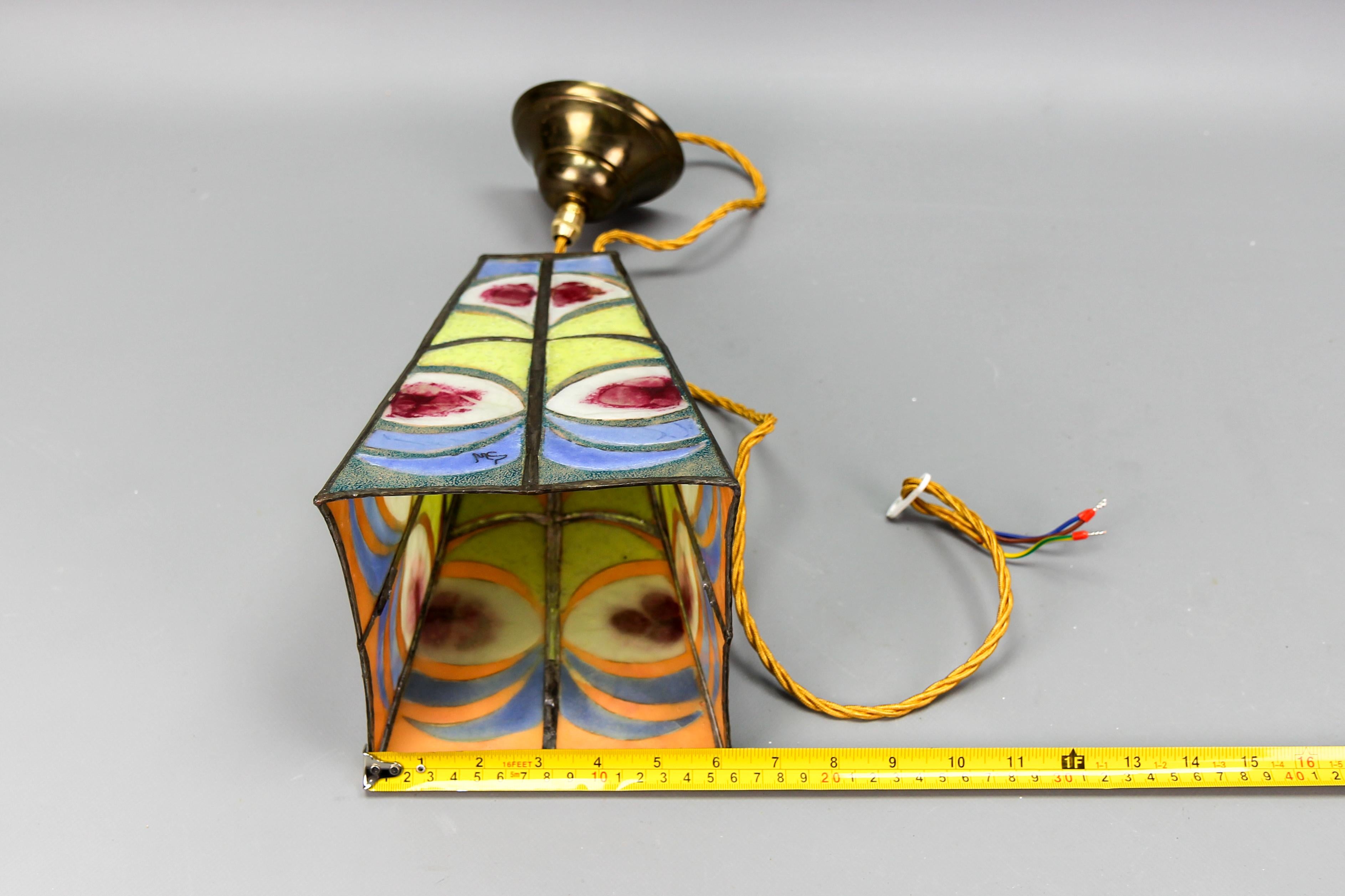 Mid-Century Blue, Yellow and Red Stained Glass Pendant Light Fixture, Signed MS For Sale 12