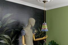 Mid-Century Blue, Yellow and Red Stained Glass Pendant Light Fixture, Signed MS