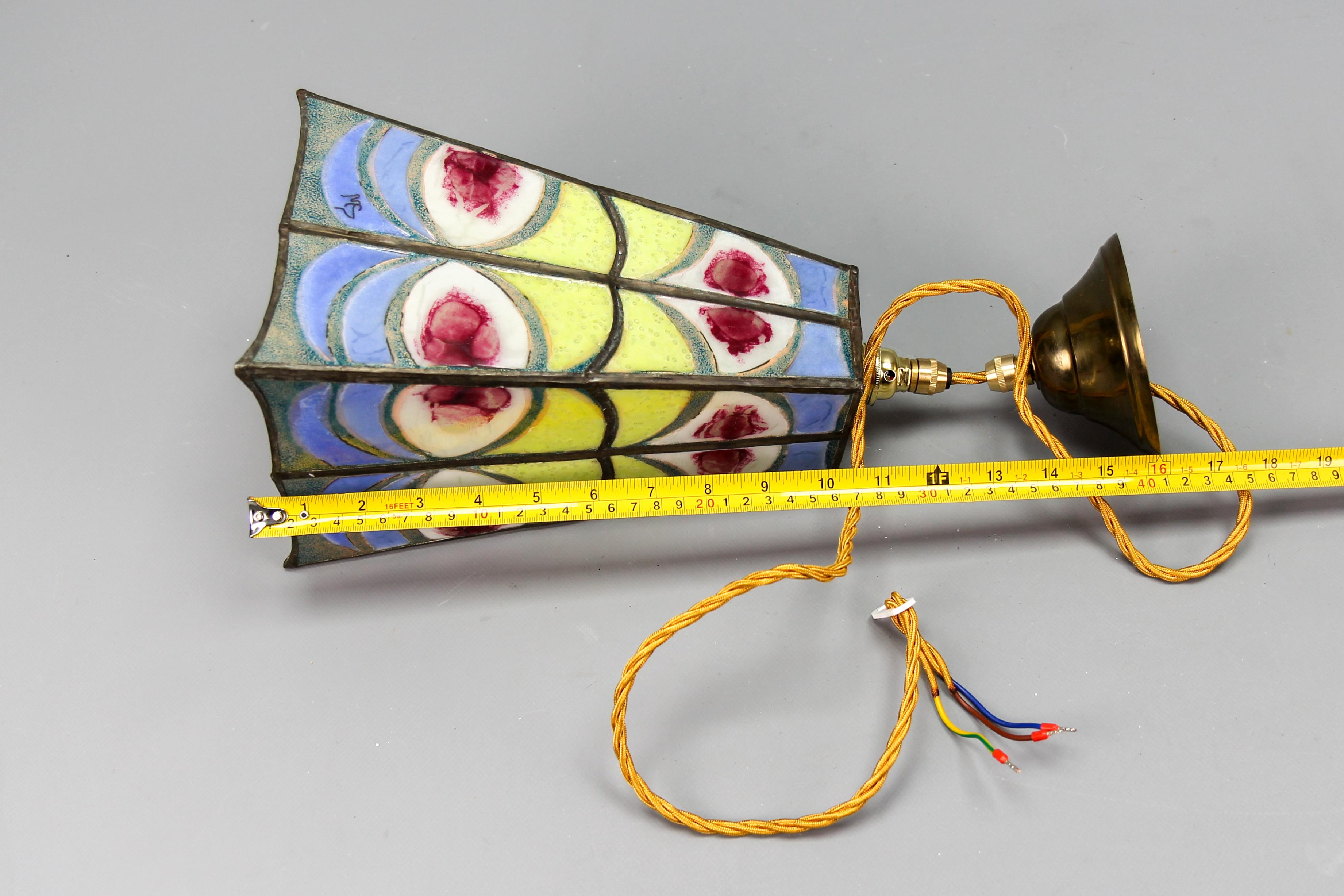 Mid-Century Blue, Yellow and Red Stained Glass Pendant Light Fixture, Signed MS For Sale 13