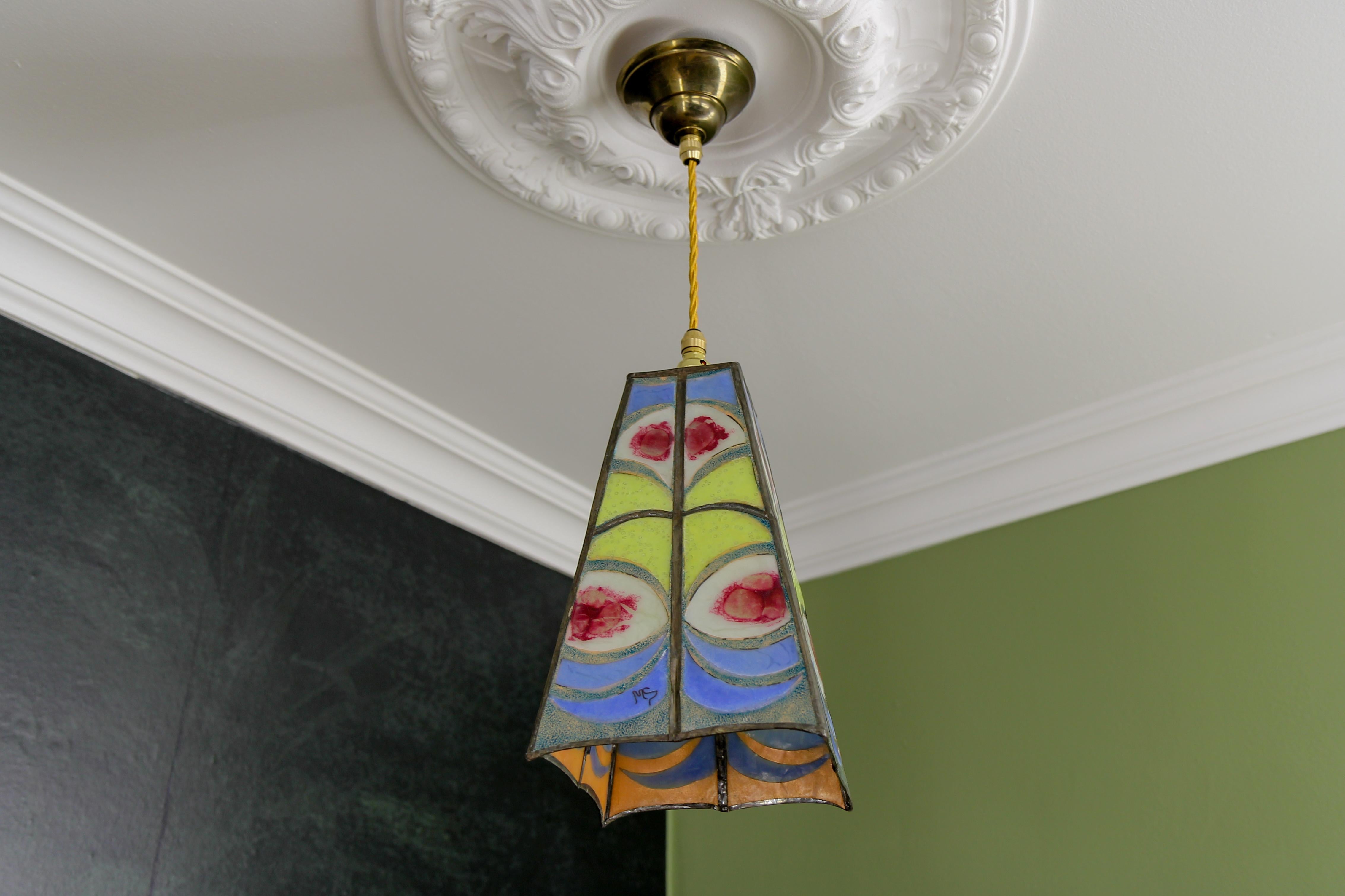 Mid-Century Blue, Yellow and Red Stained Glass Pendant Light Fixture, Signed MS For Sale 2