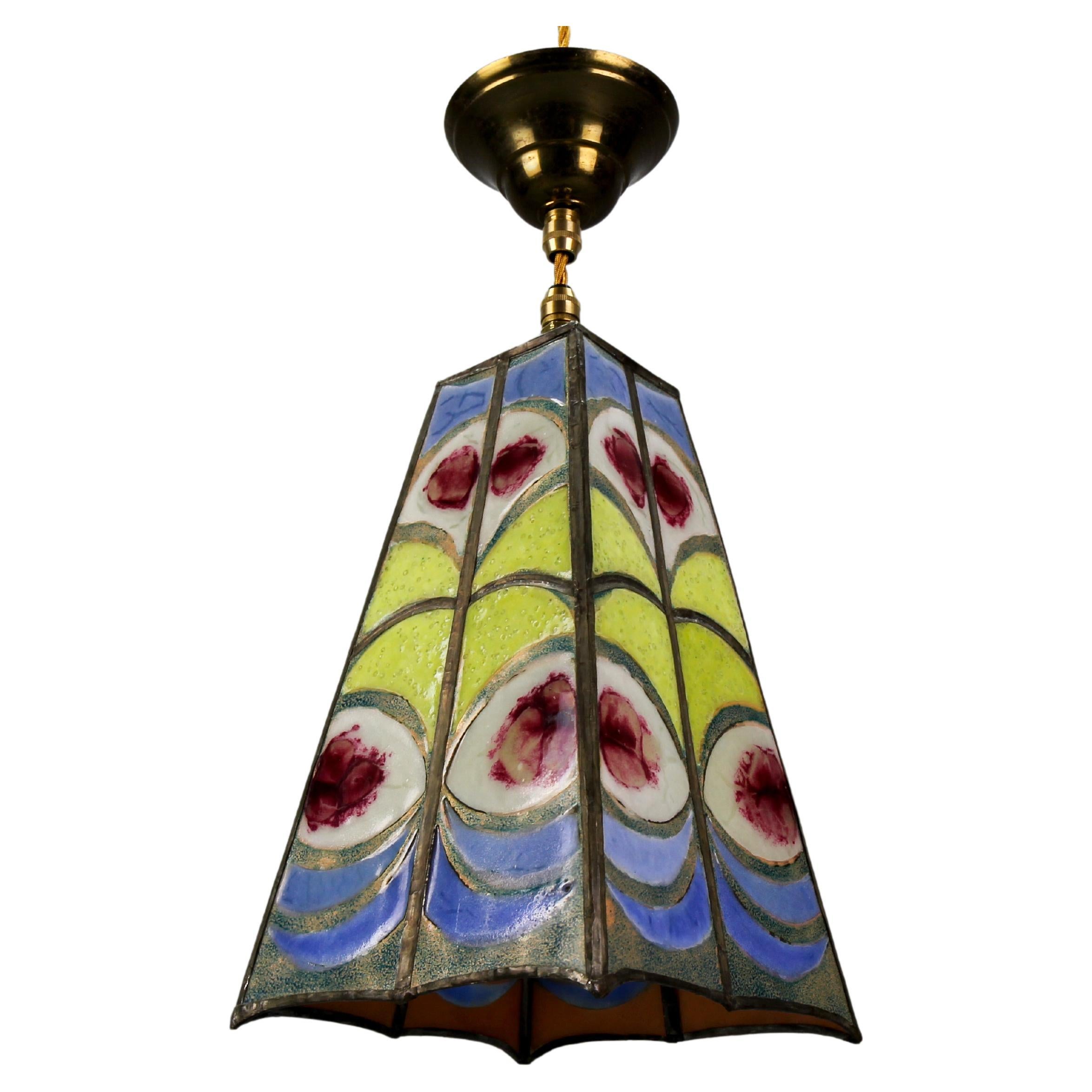 Mid-Century Blue, Yellow and Red Stained Glass Pendant Light Fixture, Signed MS