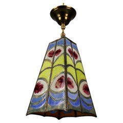Used Mid-Century Blue, Yellow and Red Stained Glass Pendant Light Fixture, Signed MS