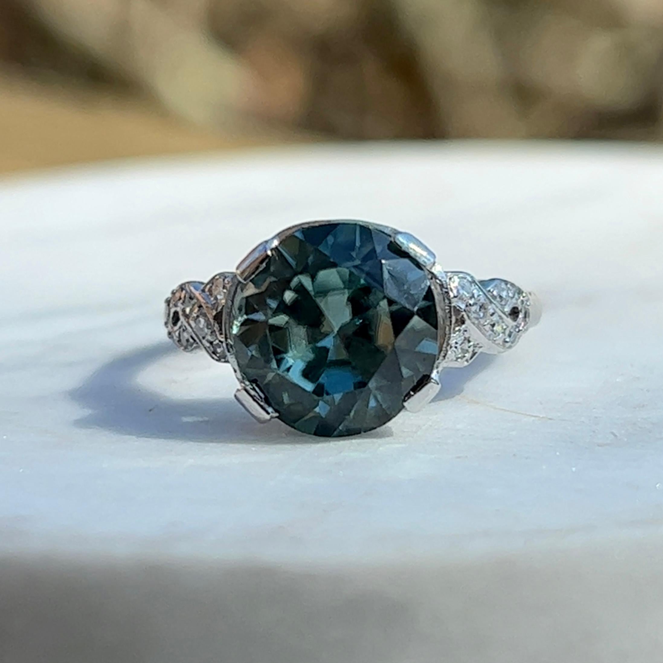 Mid-Century Blue Zircon and Diamond Ring in Platinum 4