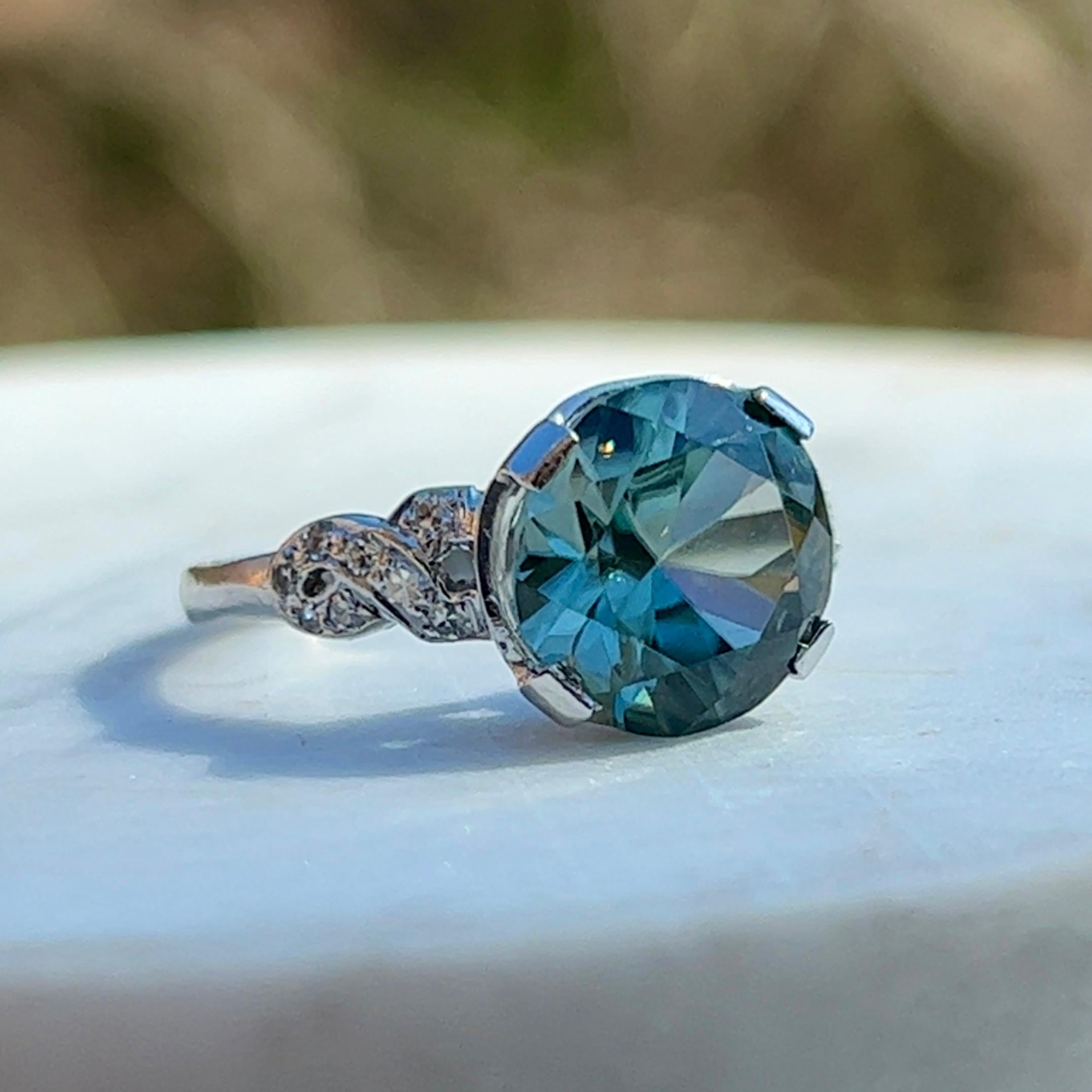 Mid-Century Blue Zircon and Diamond Ring in Platinum 5