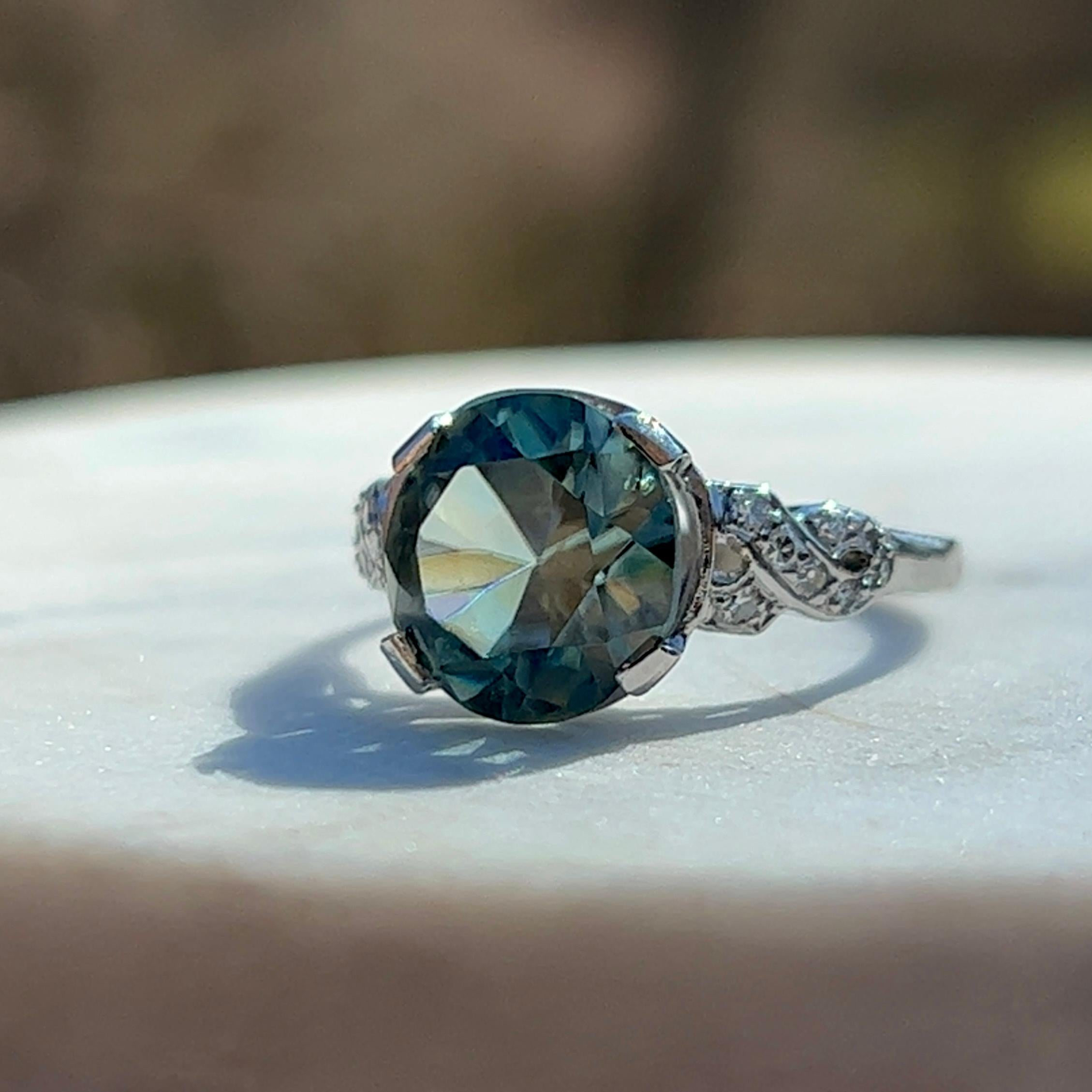 Mid-Century Blue Zircon and Diamond Ring in Platinum 6