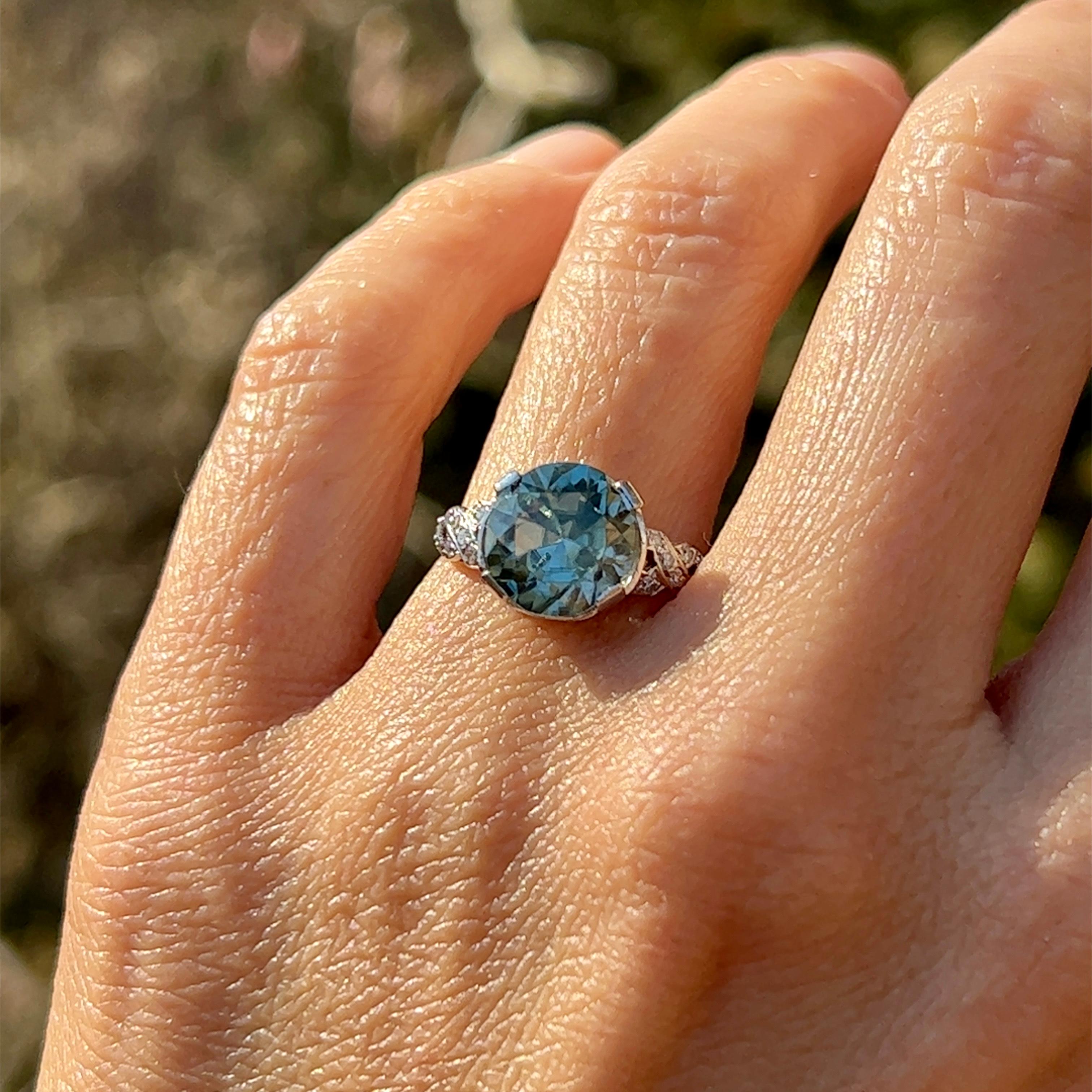 Women's Mid-Century Blue Zircon and Diamond Ring in Platinum