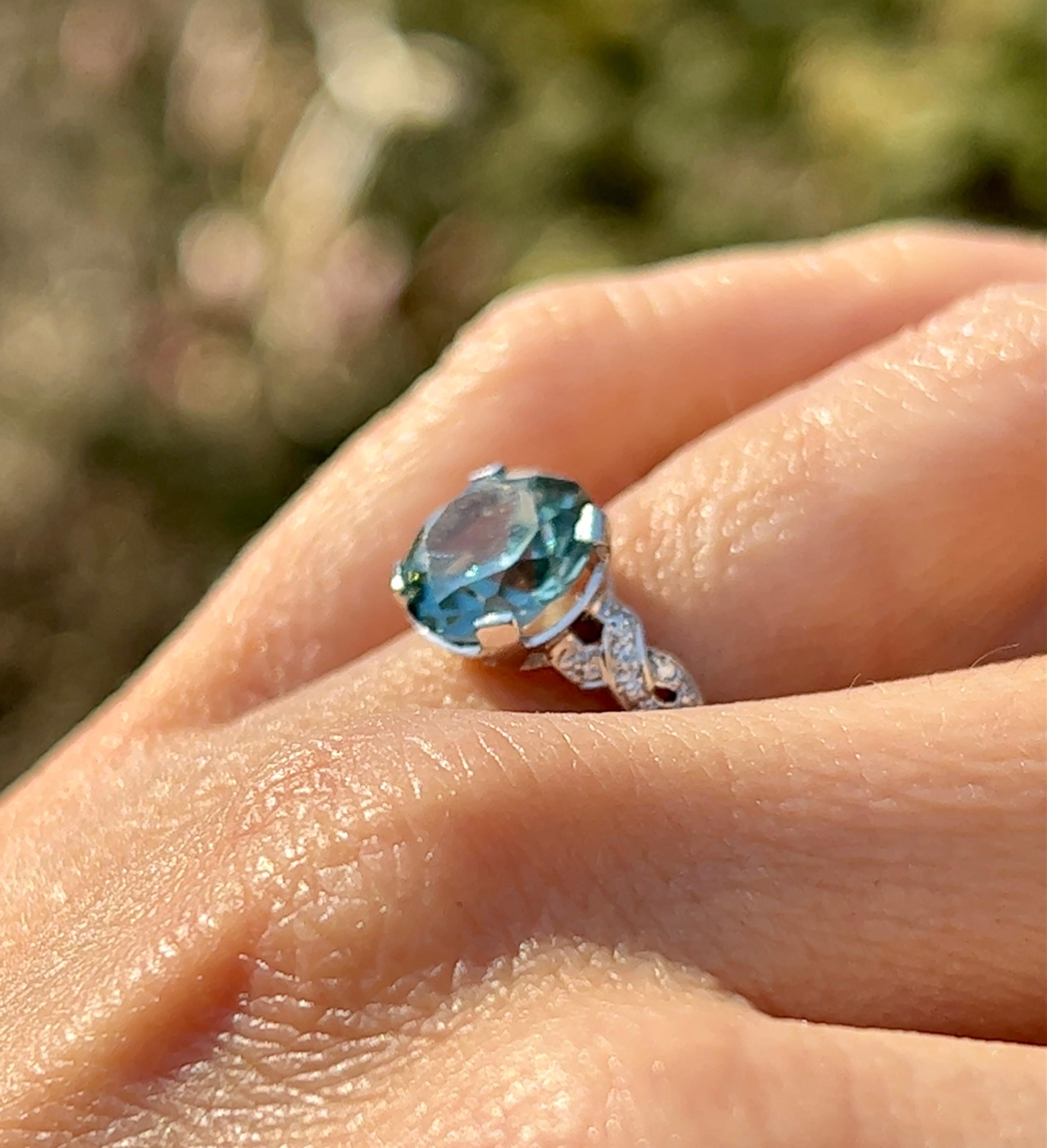 Mid-Century Blue Zircon and Diamond Ring in Platinum 1