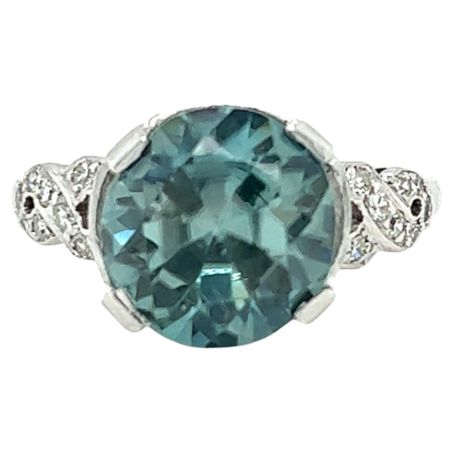 Mid-Century Blue Zircon and Diamond Ring in Platinum