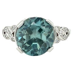 Vintage Mid-Century Blue Zircon and Diamond Ring in Platinum