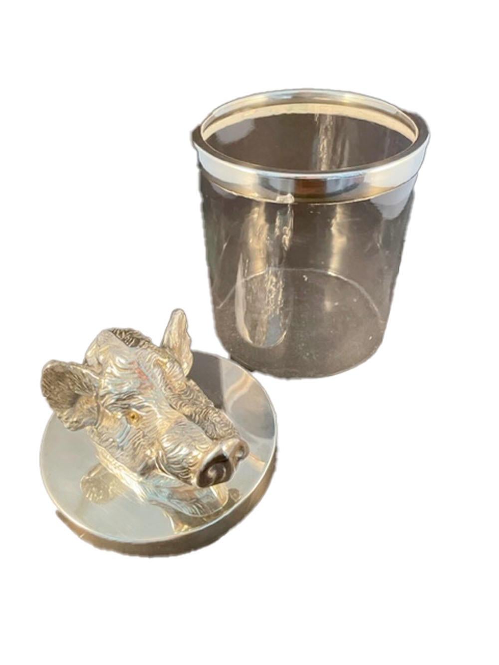 Spanish Mid-Century Boar Head, Glass and Silver Plate Ice Bucket For Sale