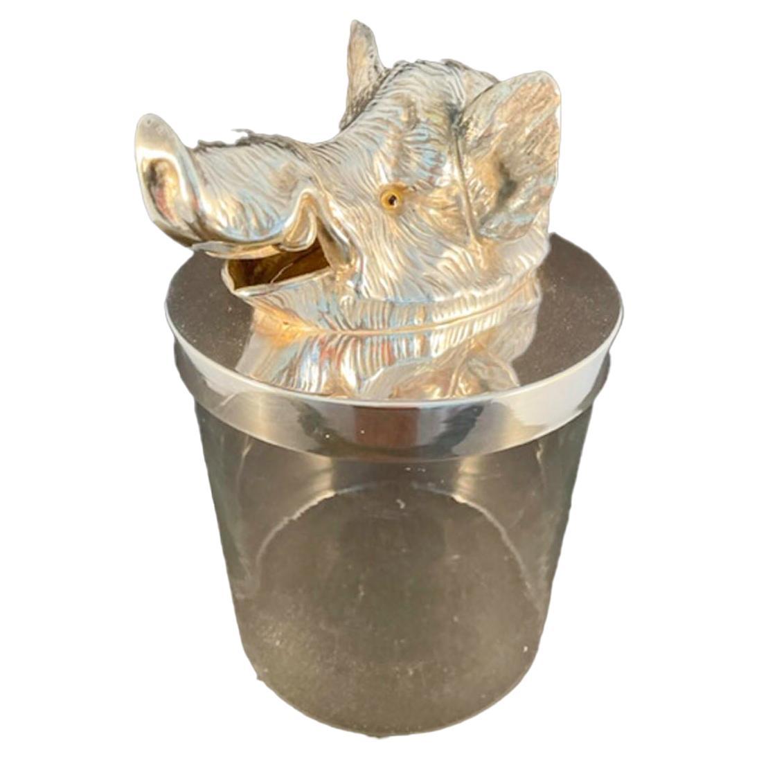 Mid-Century Boar Head, Glass and Silver Plate Ice Bucket