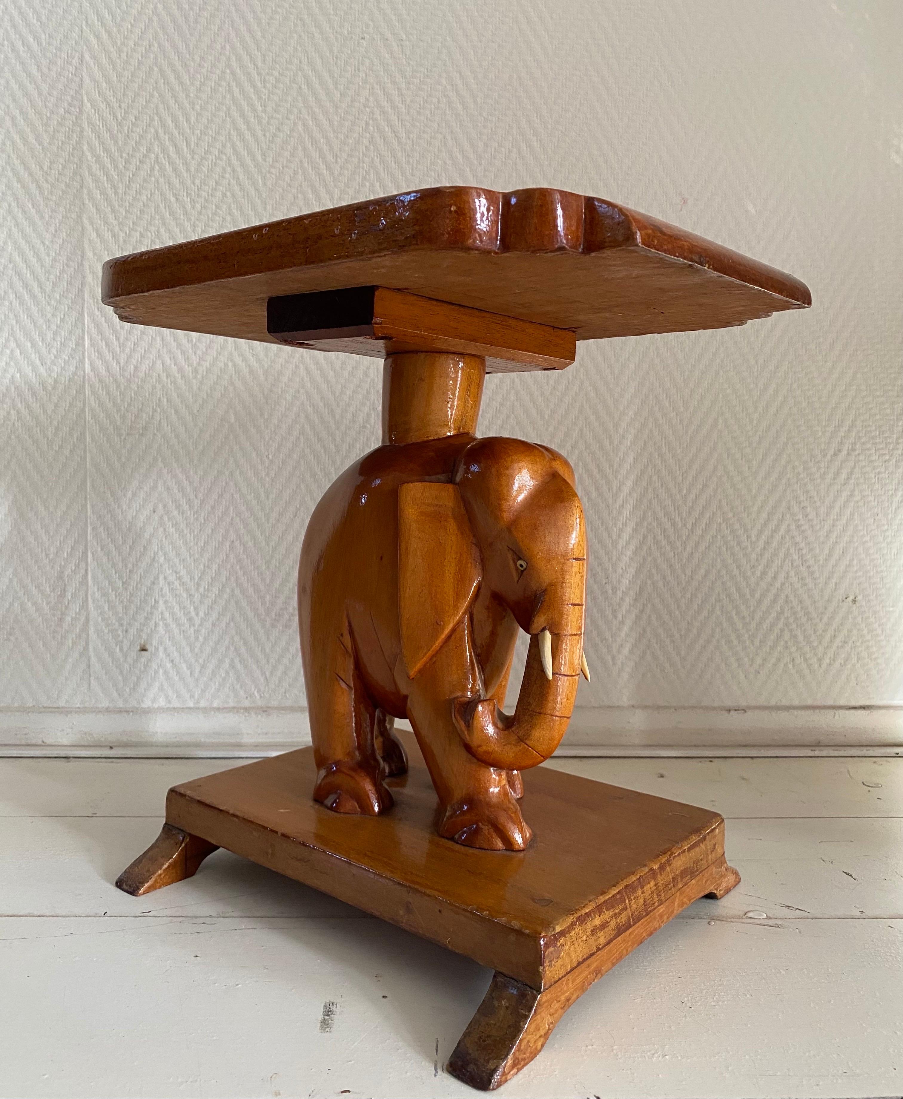 Asian Mid-Century, Bohemian Hand-Carved Elephant Side Table  For Sale