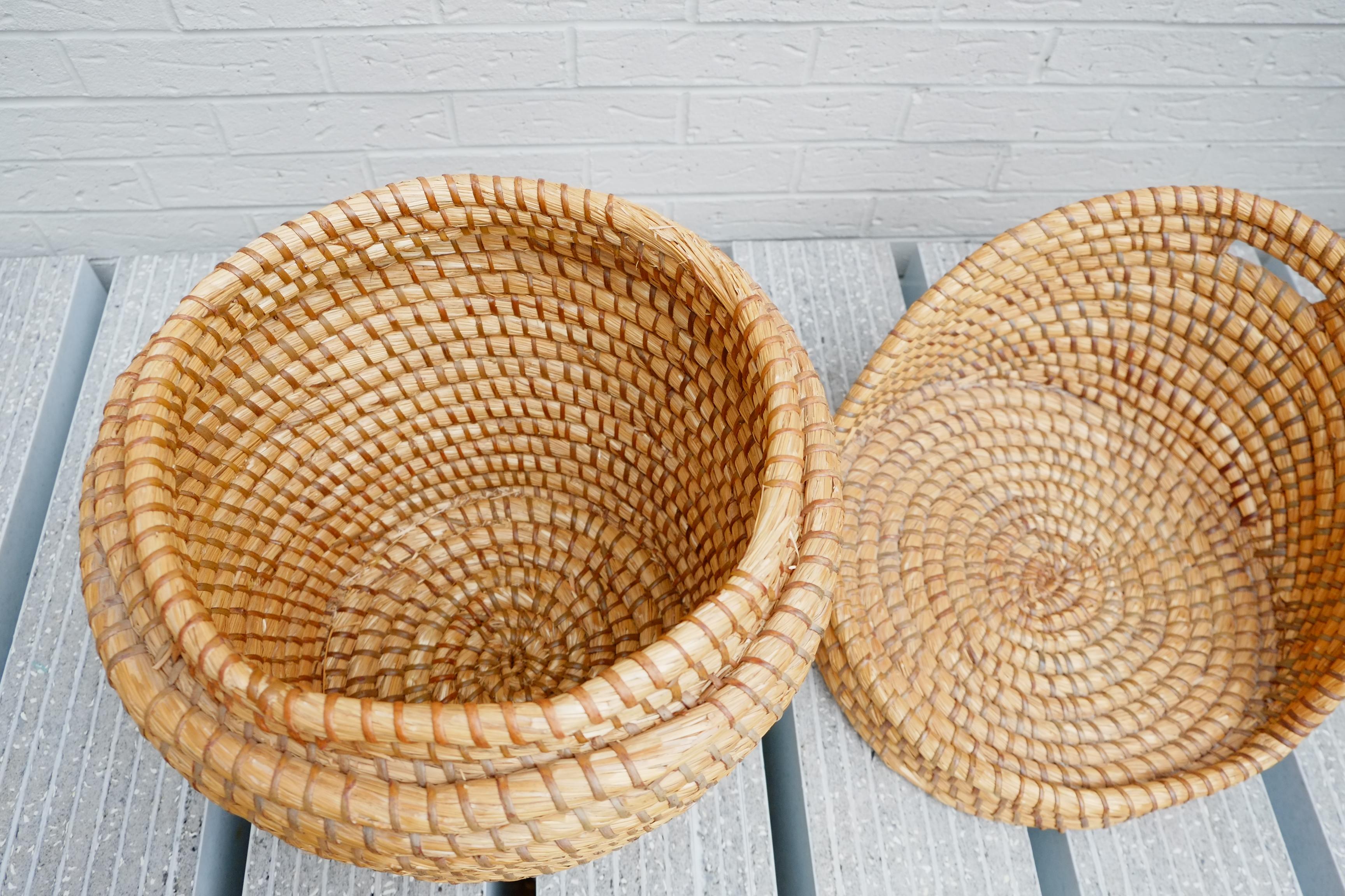 Midcentury Bohemian Reeded Hand Woven Straw Basket Chair / Laundry Basket Seat For Sale 1