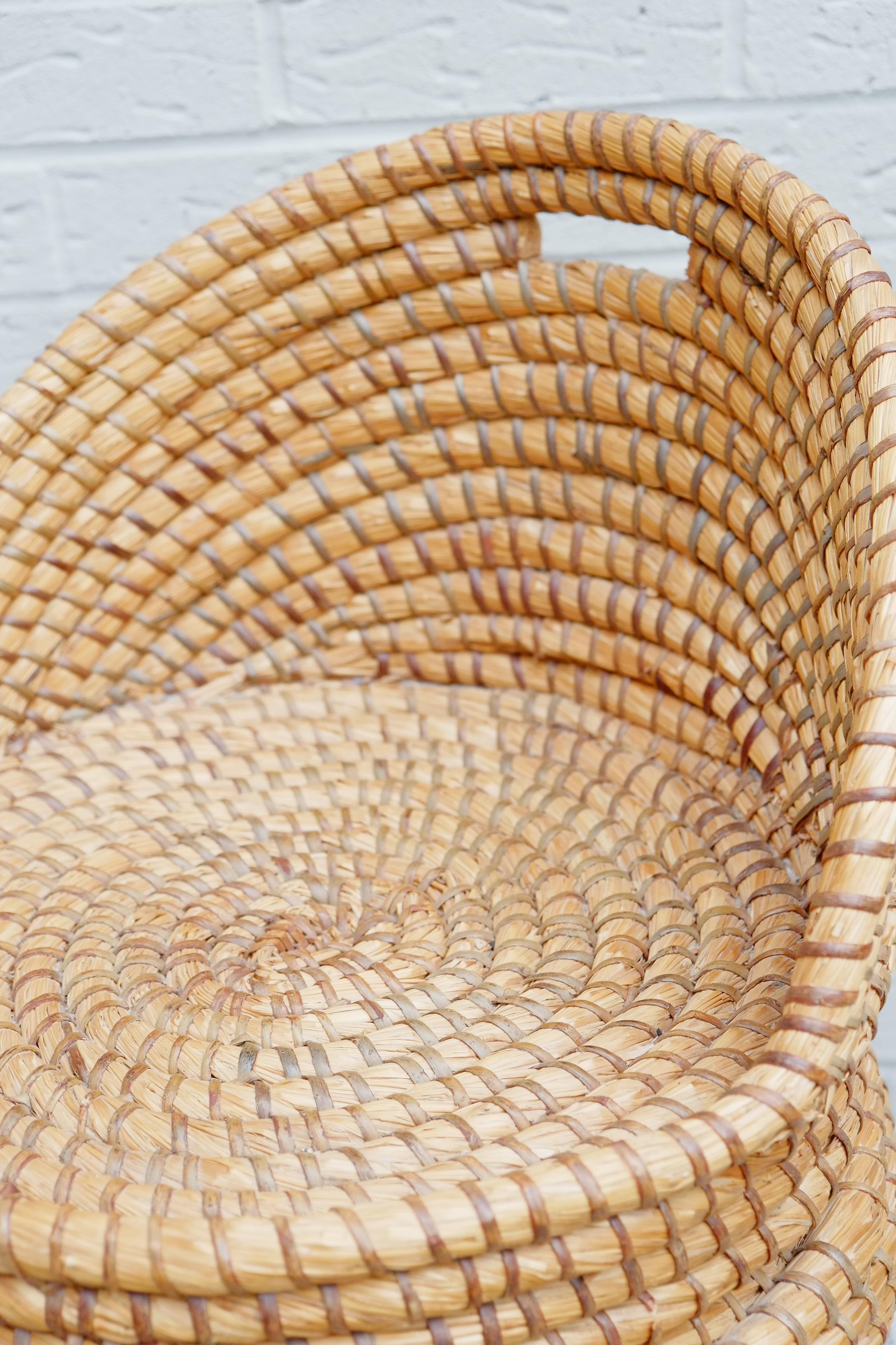 Midcentury Bohemian Reeded Hand Woven Straw Basket Chair / Laundry Basket Seat For Sale 2