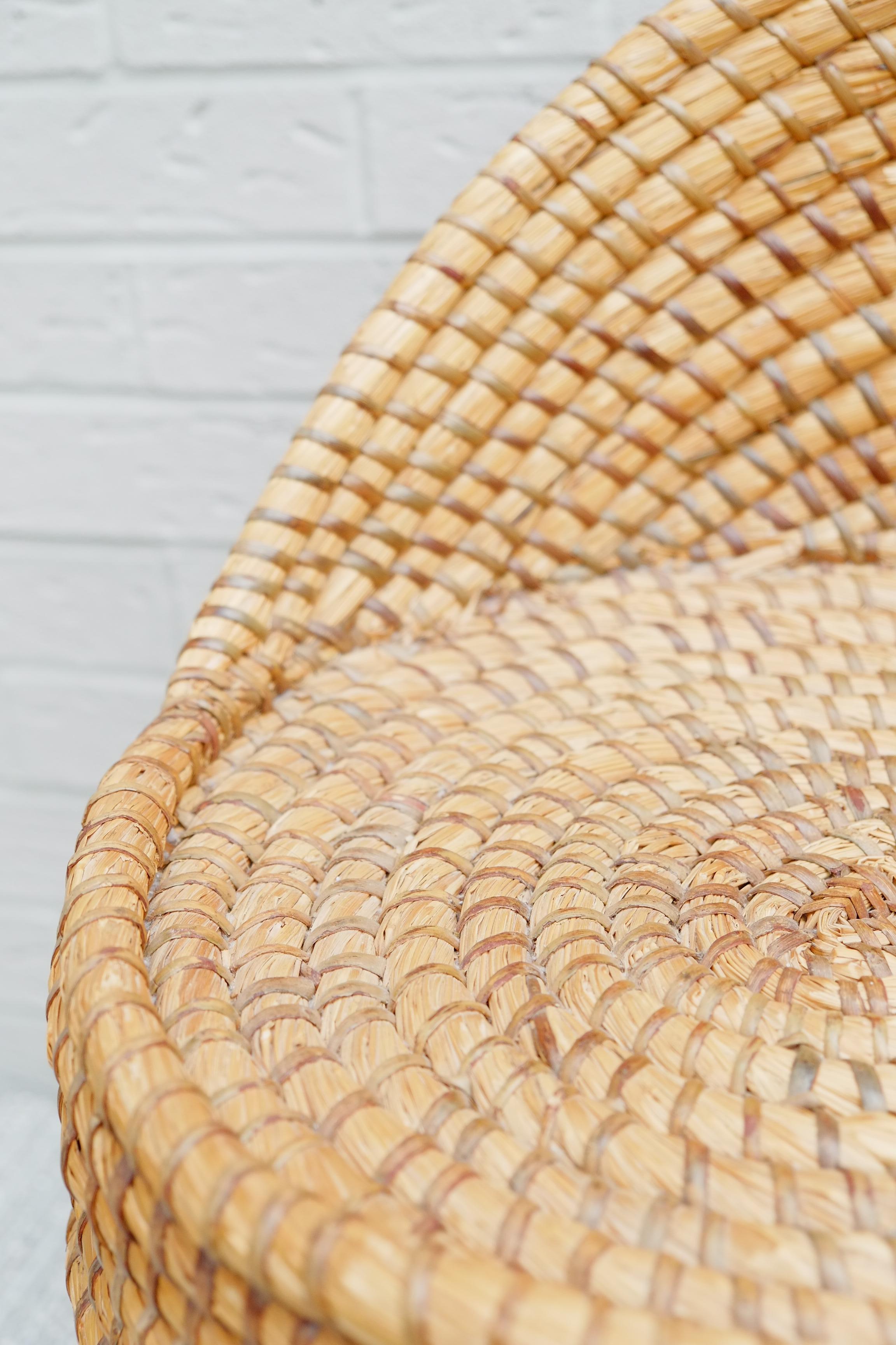 Midcentury Bohemian Reeded Hand Woven Straw Basket Chair / Laundry Basket Seat For Sale 3