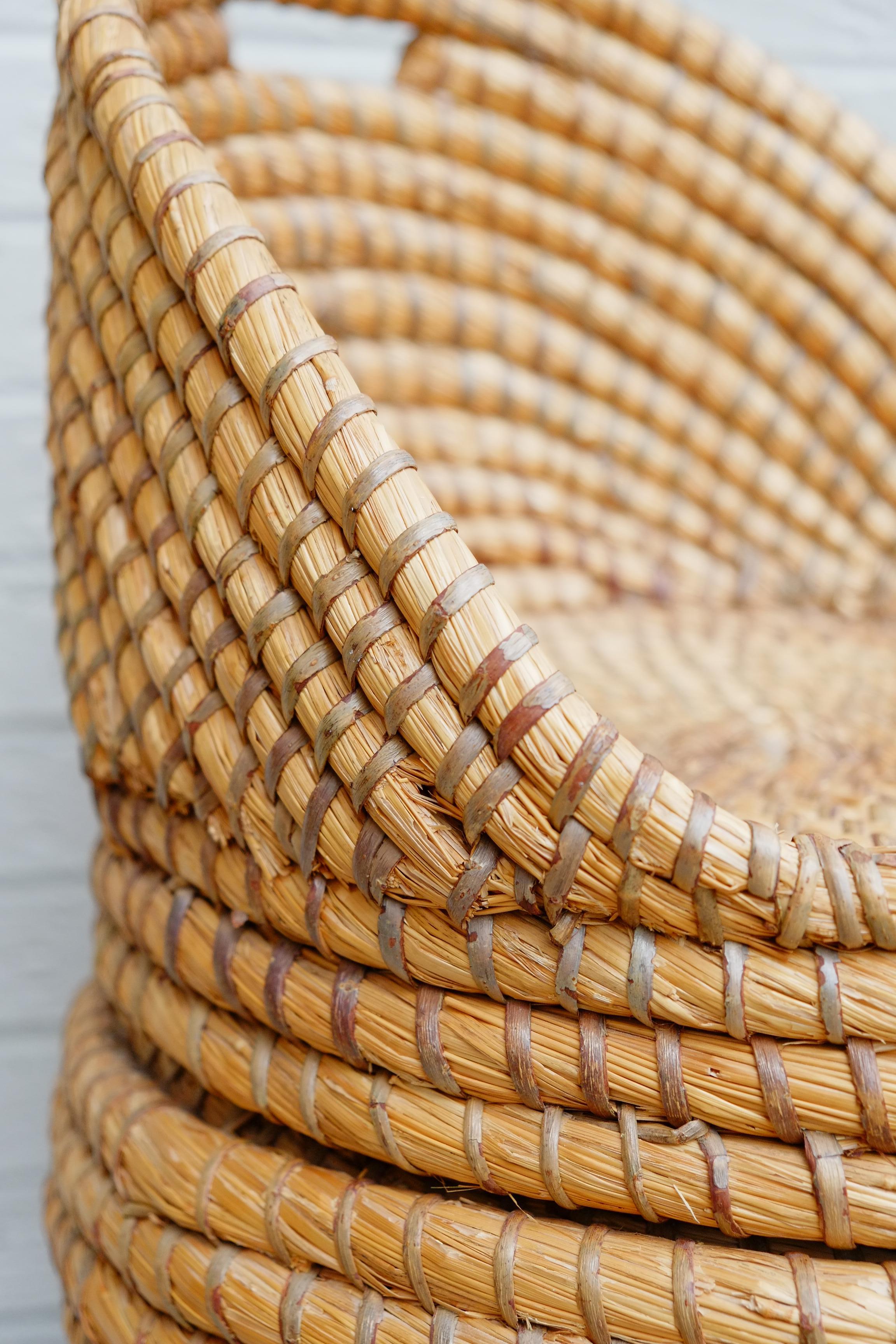 English Midcentury Bohemian Reeded Hand Woven Straw Basket Chair / Laundry Basket Seat For Sale