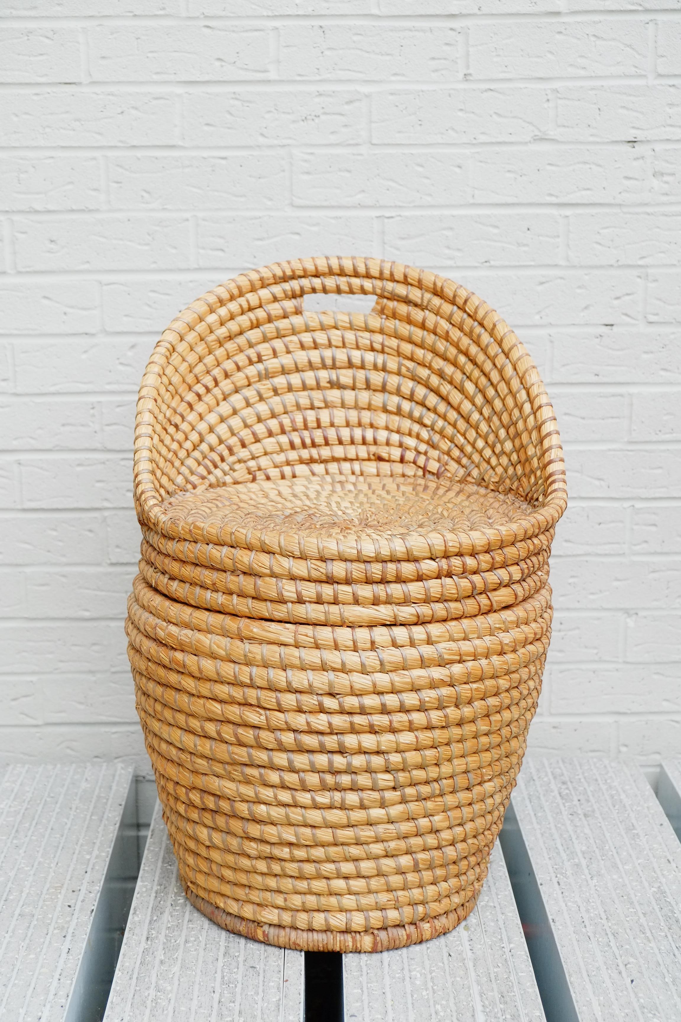 Hand-Woven Midcentury Bohemian Reeded Hand Woven Straw Basket Chair / Laundry Basket Seat For Sale