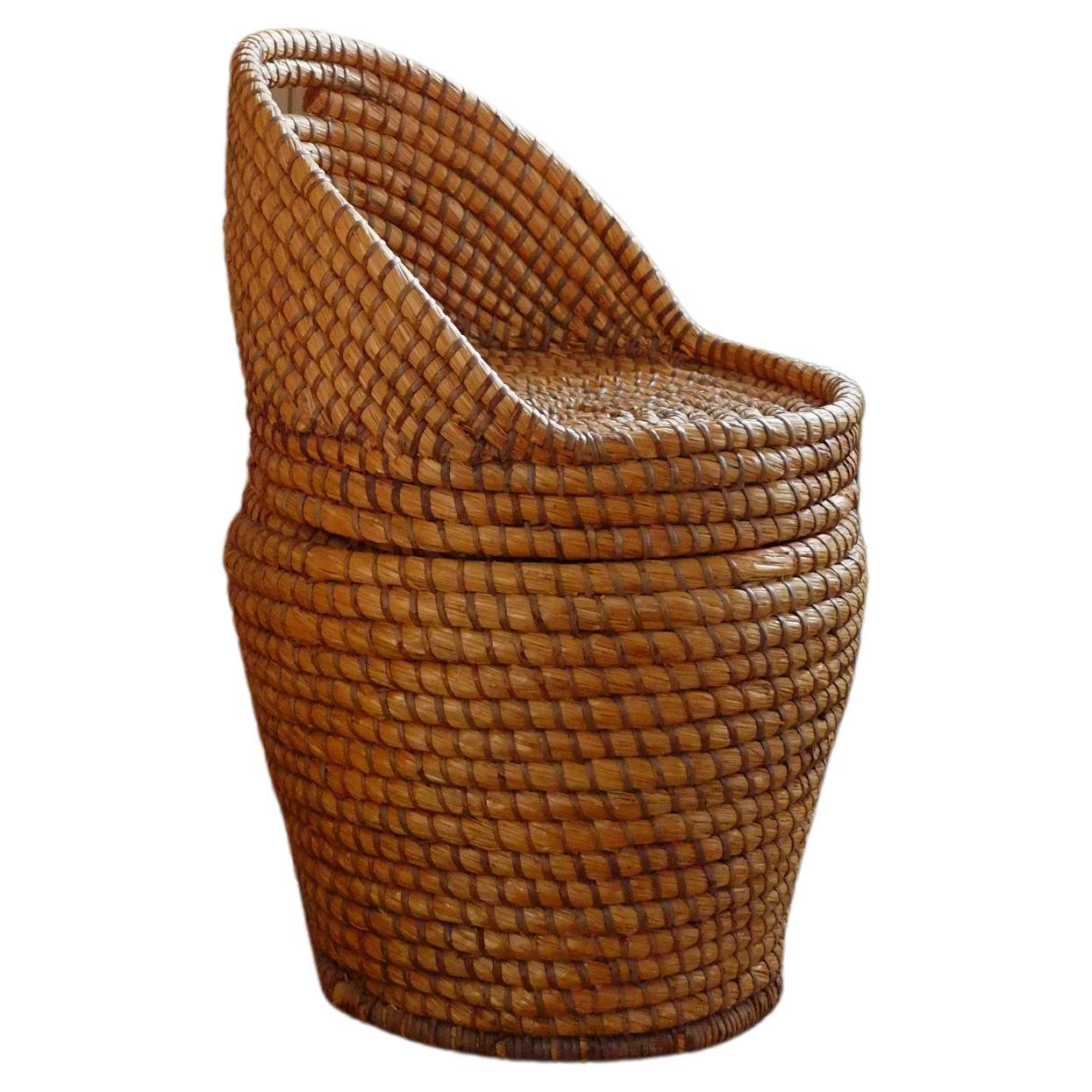 Midcentury Bohemian Reeded Hand Woven Straw Basket Chair / Laundry Basket Seat For Sale