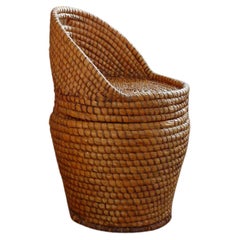 Midcentury Bohemian Reeded Hand Woven Straw Basket Chair / Laundry Basket Seat