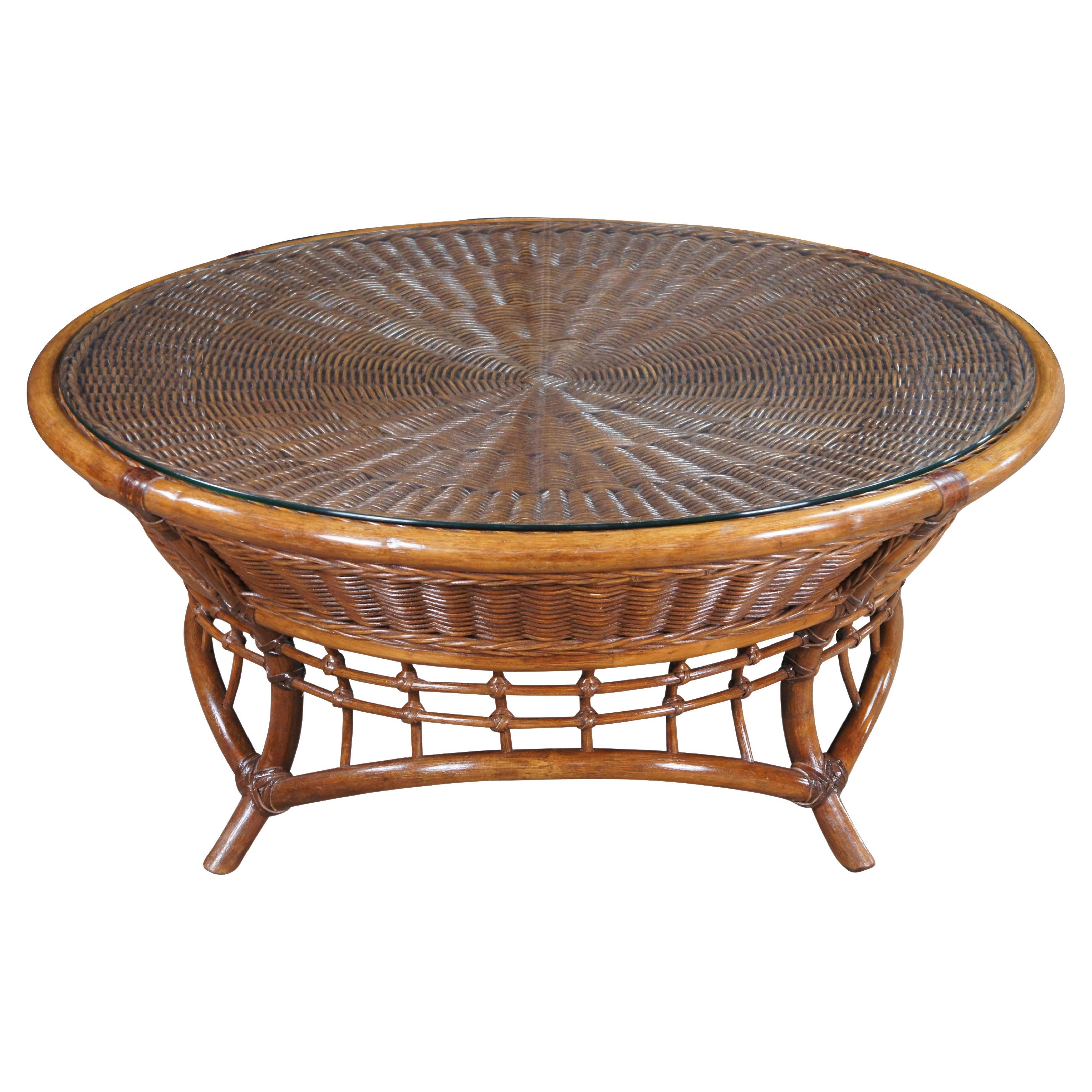 Mid Century Bohemian Round Woven Bamboo Rattan Coffee Table Boho Chic 38"