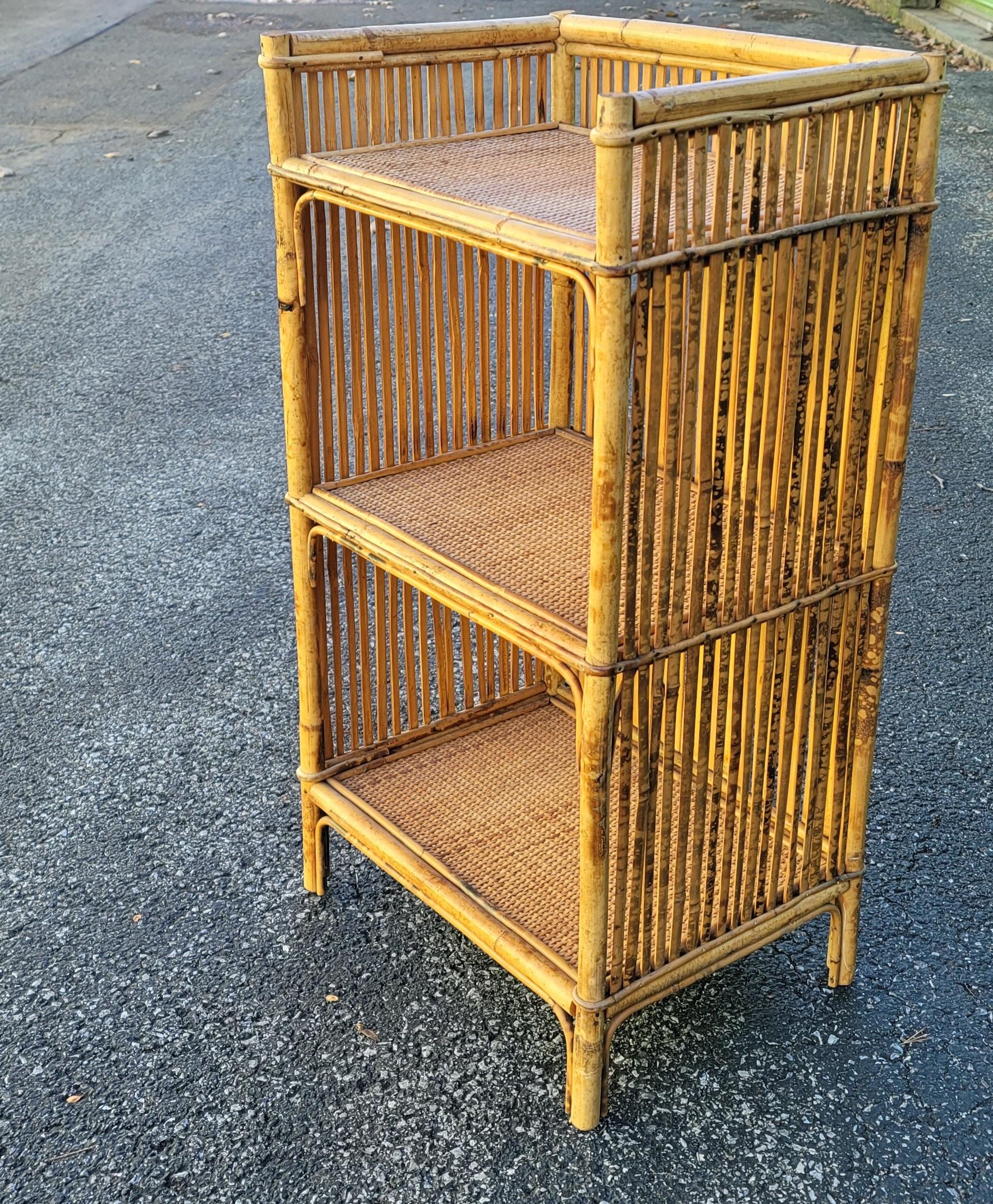 Hand-Crafted Mid-Century Bohemian Split Bamboo Rattan Wicker Low Bookcase Etagere For Sale