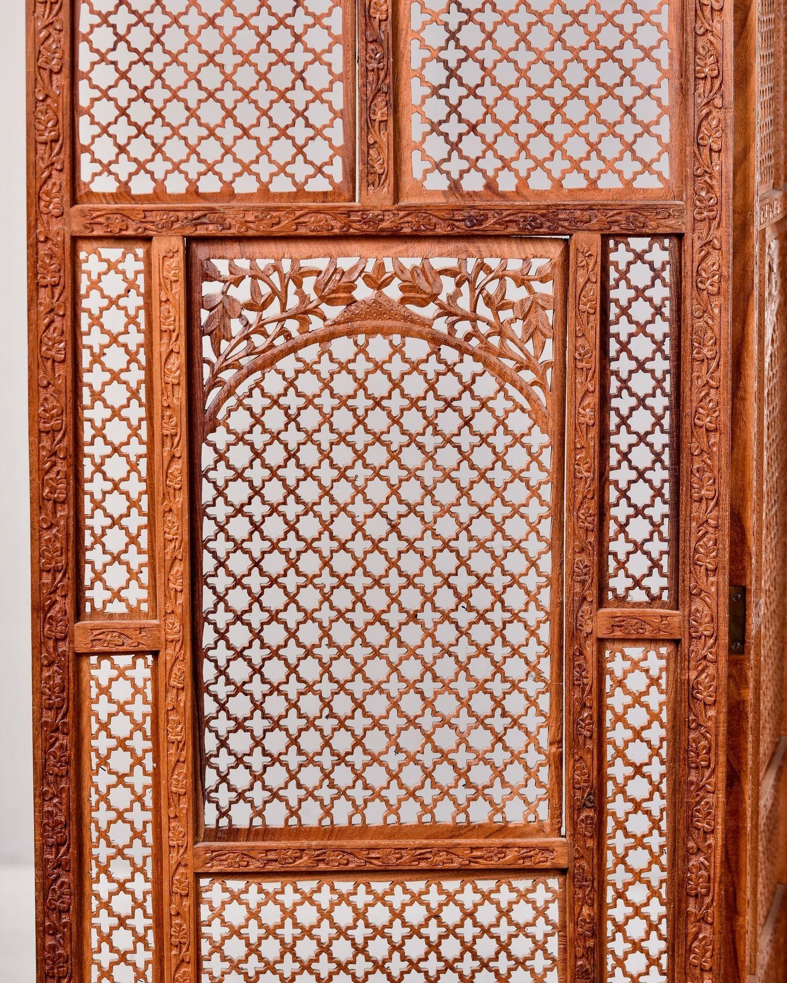 Mid Century Bohemian Three Panel Carved Indian Floor Screen or Room Divider 5