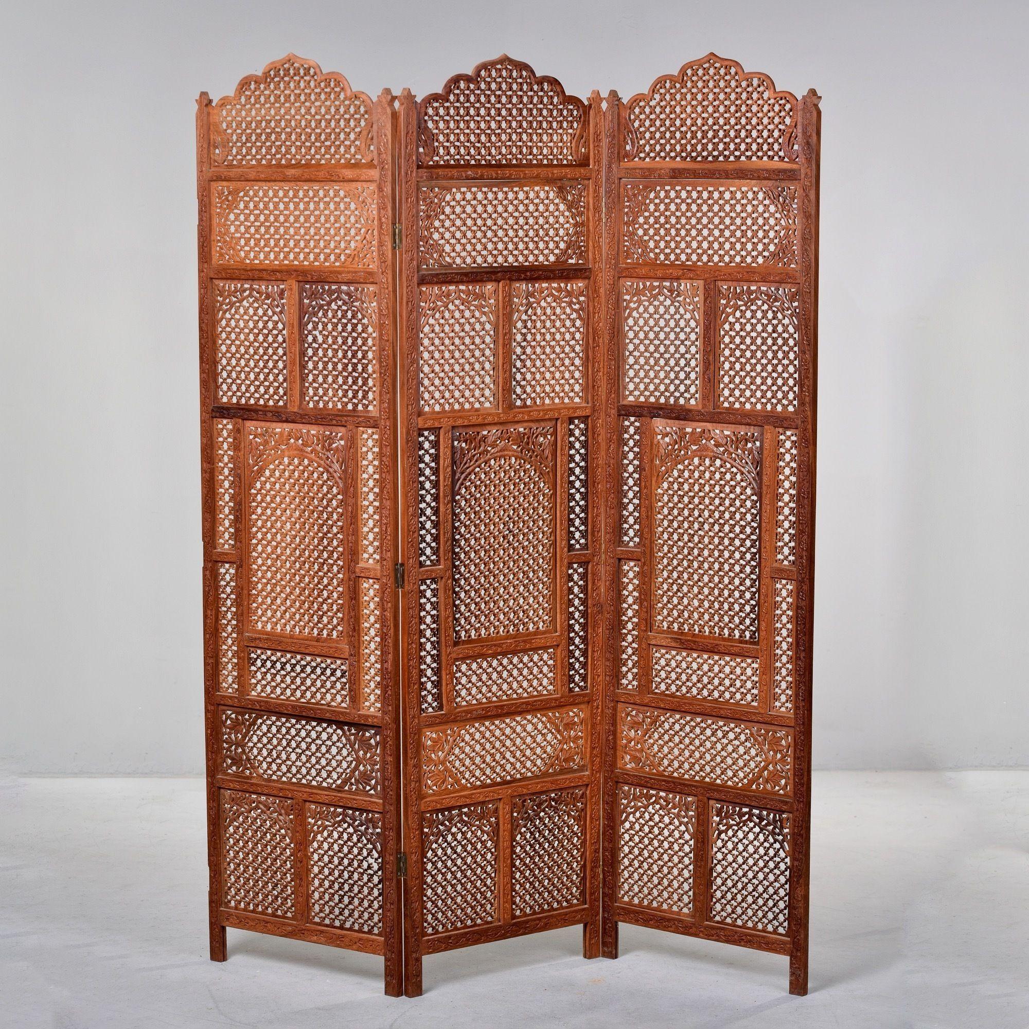 Mid Century Bohemian Three Panel Carved Indian Floor Screen or Room Divider In Good Condition In Troy, MI