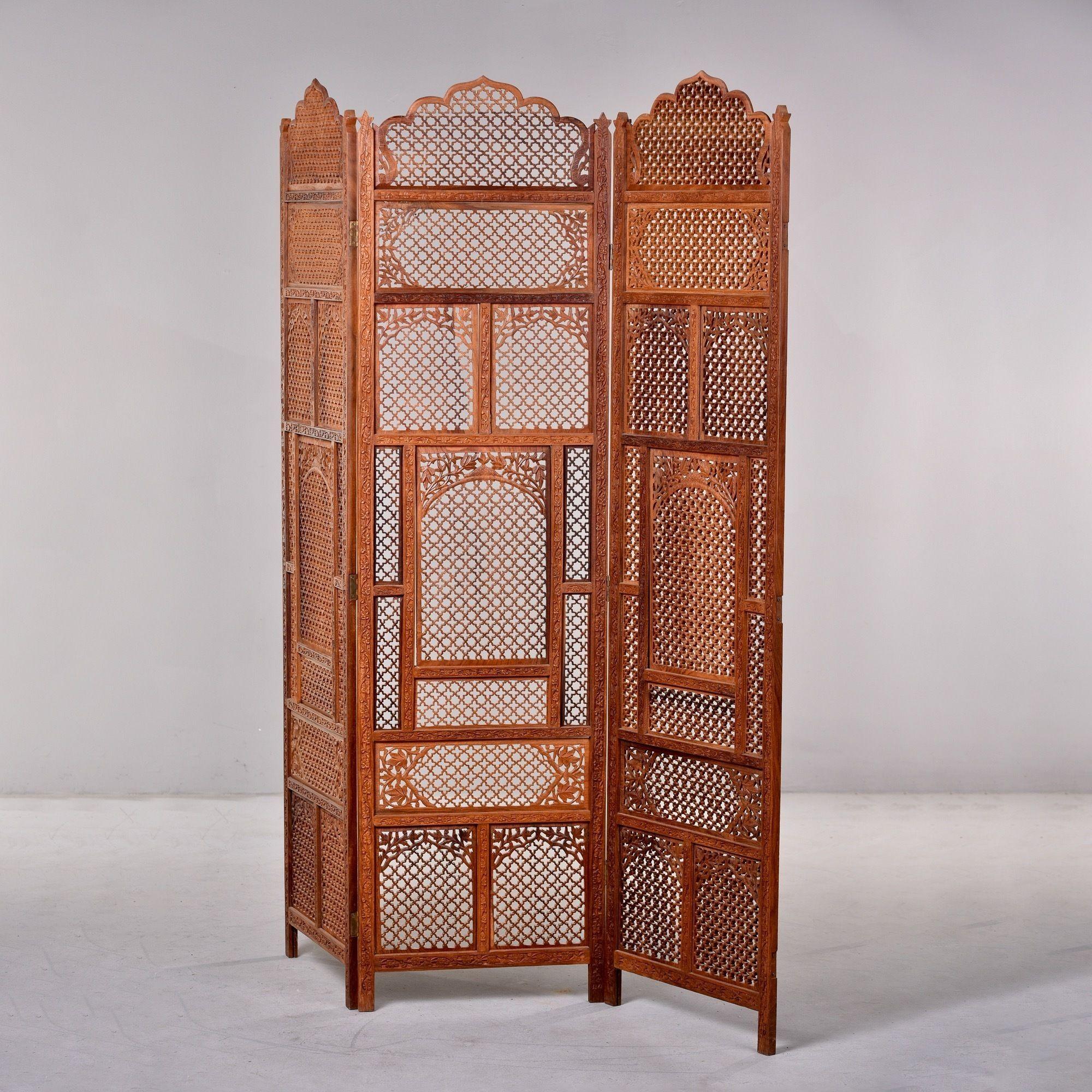 20th Century Mid Century Bohemian Three Panel Carved Indian Floor Screen or Room Divider