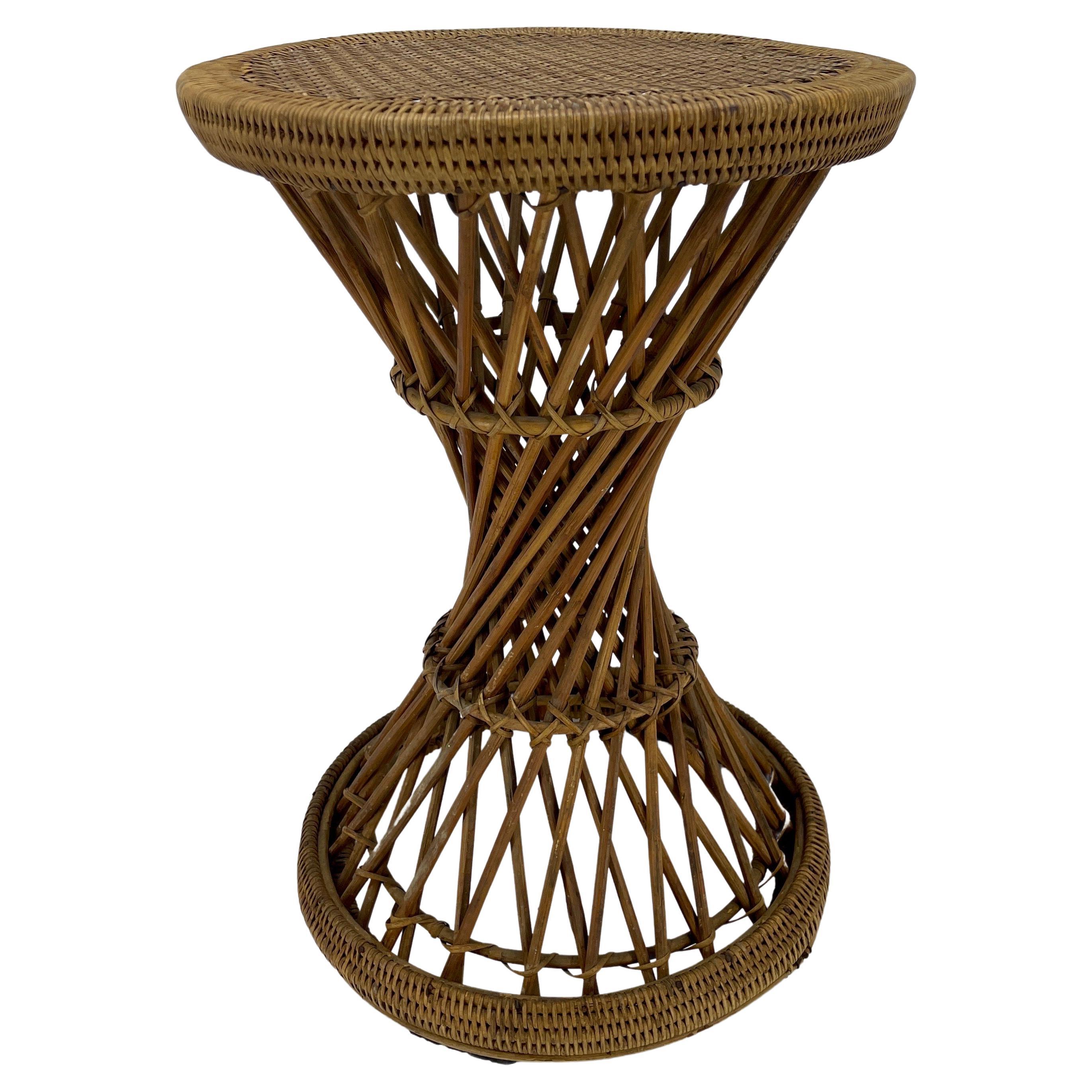 Vintage Bohemian round handcrafted wicker drum stool. The stool can also be used as a side table.