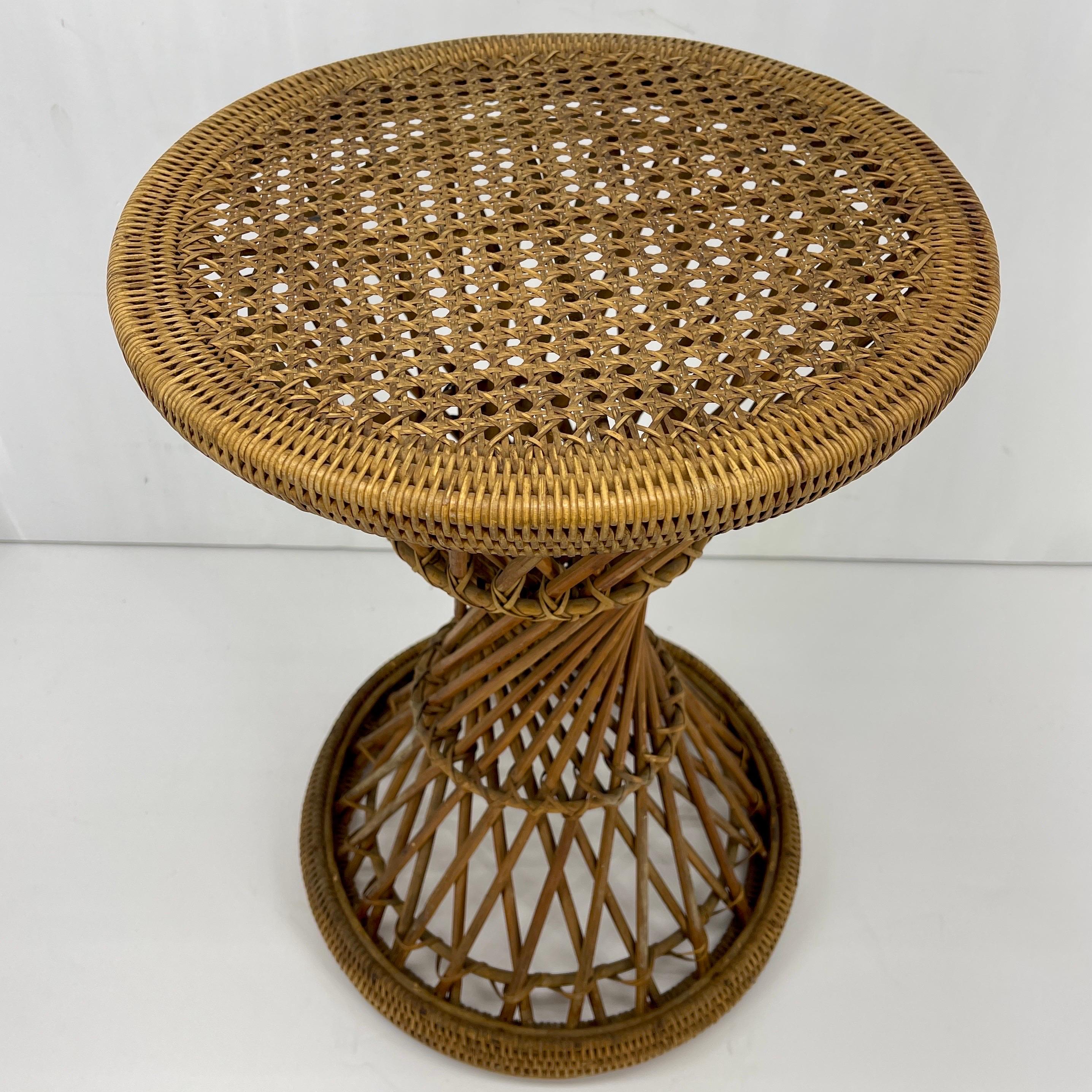 American Mid-Century Bohemian Wicker Drum Stool or Side Table For Sale