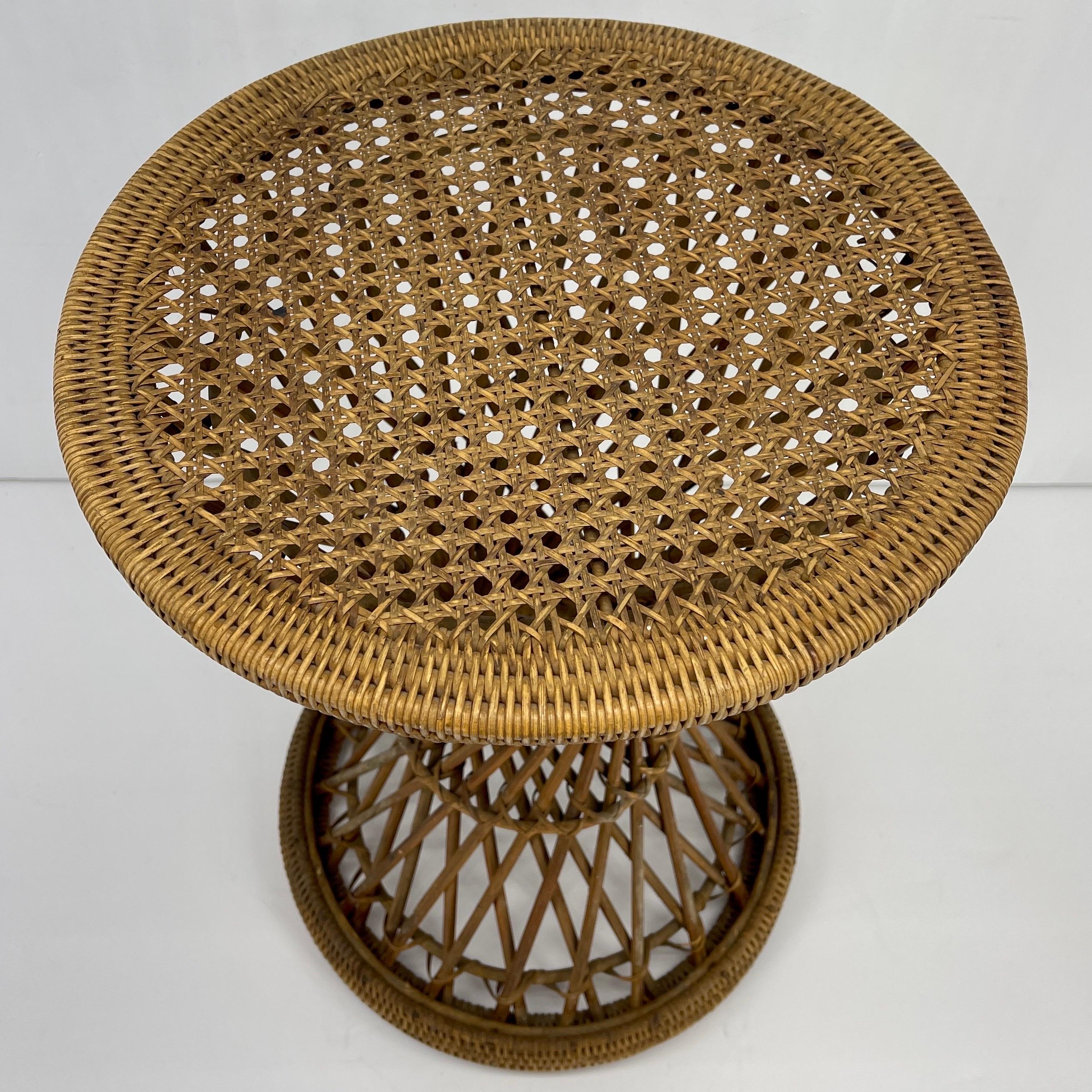 Hand-Crafted Mid-Century Bohemian Wicker Drum Stool or Side Table For Sale
