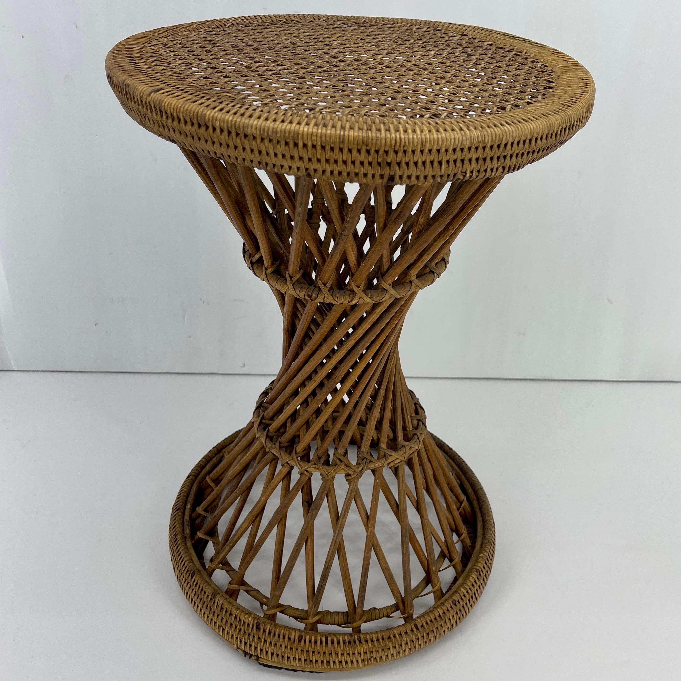 20th Century Mid-Century Bohemian Wicker Drum Stool or Side Table For Sale