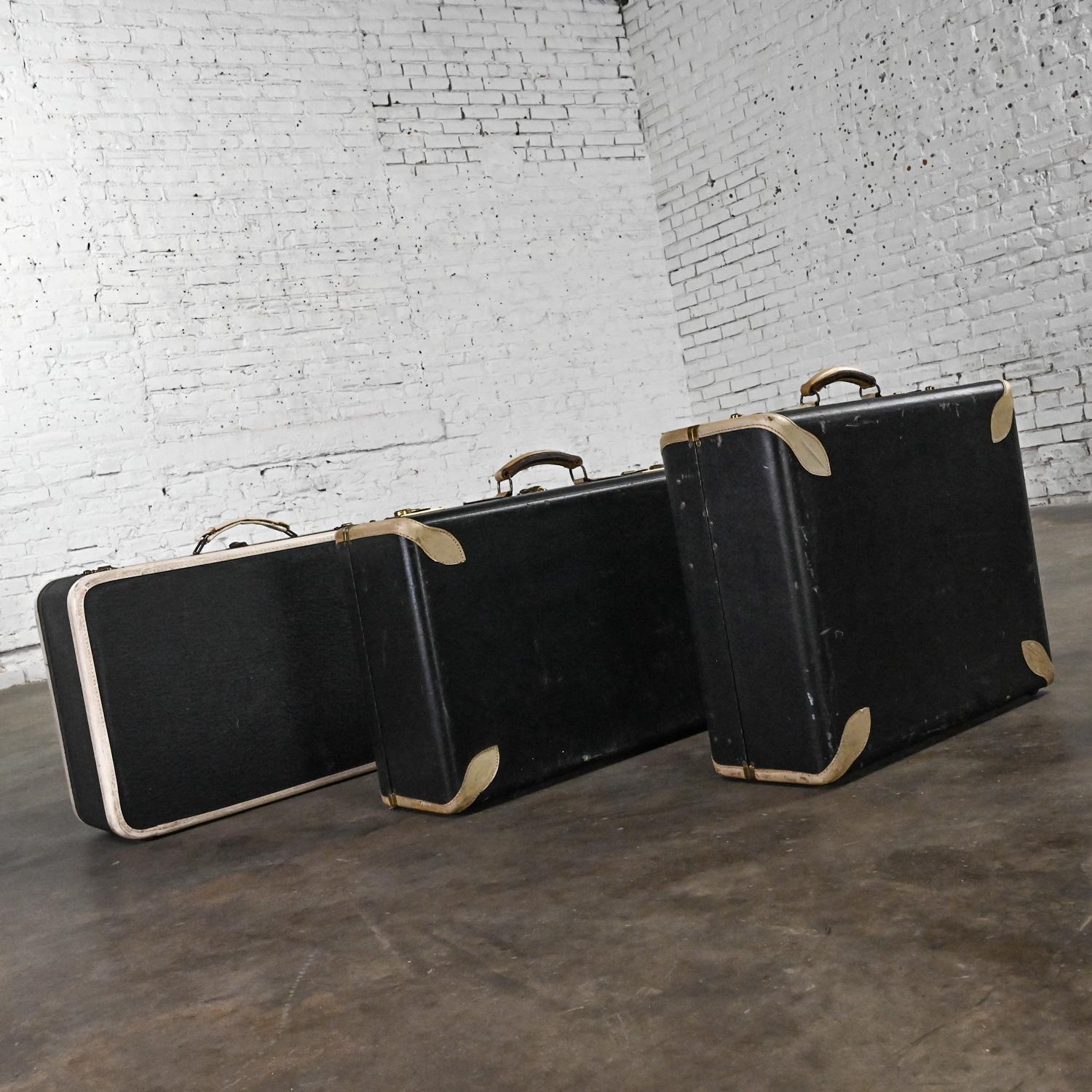 Leather Mid Century Boho Chic Luggage End or Side Tables or Décor Black & White 3 Pieces