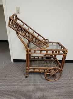 Mid-Century Boho Chic Rattan Beverage Rolling Bar Cart W/ Removable Serving Tray