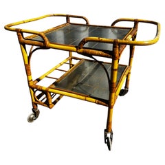 Mid Century Boho Chic Tiki Bamboo and Glass 2 Tier Rolling Bar Cart
