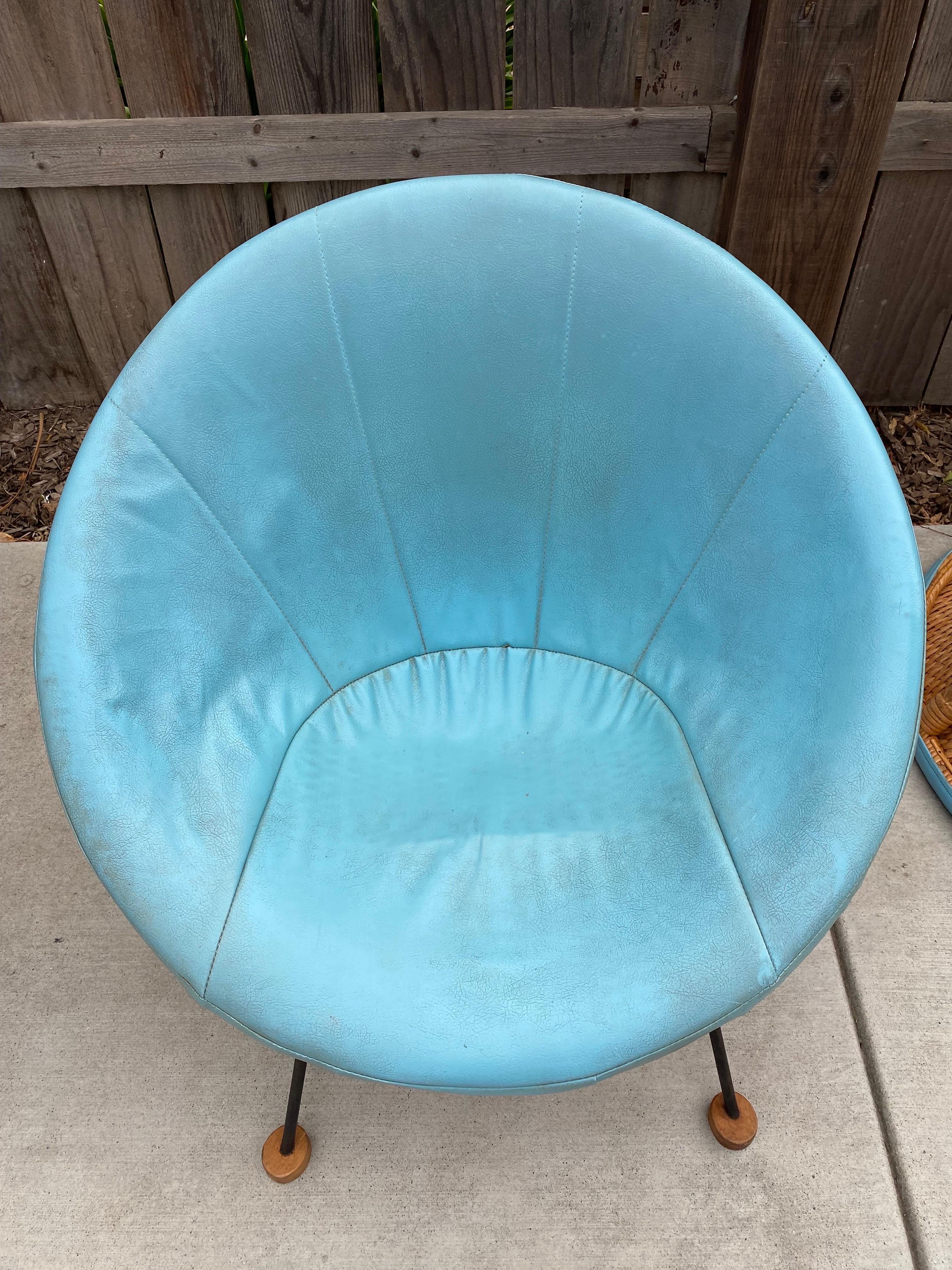 Mid-Century Modern Boho Chic Turquoise Rattan Scoop Chairs, a Pair For Sale 4