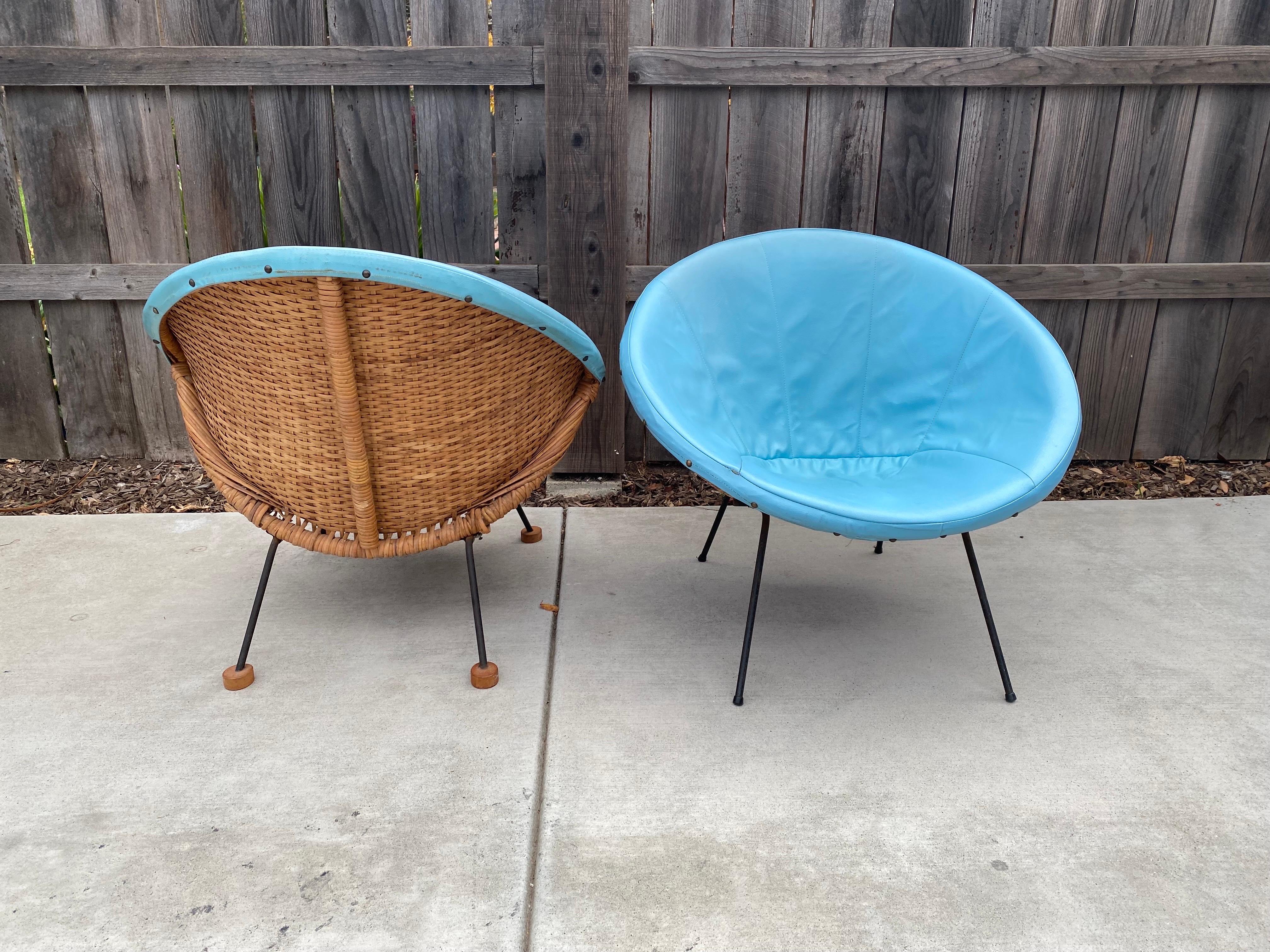 Bohemian Mid-Century Modern Boho Chic Turquoise Rattan Scoop Chairs, a Pair For Sale