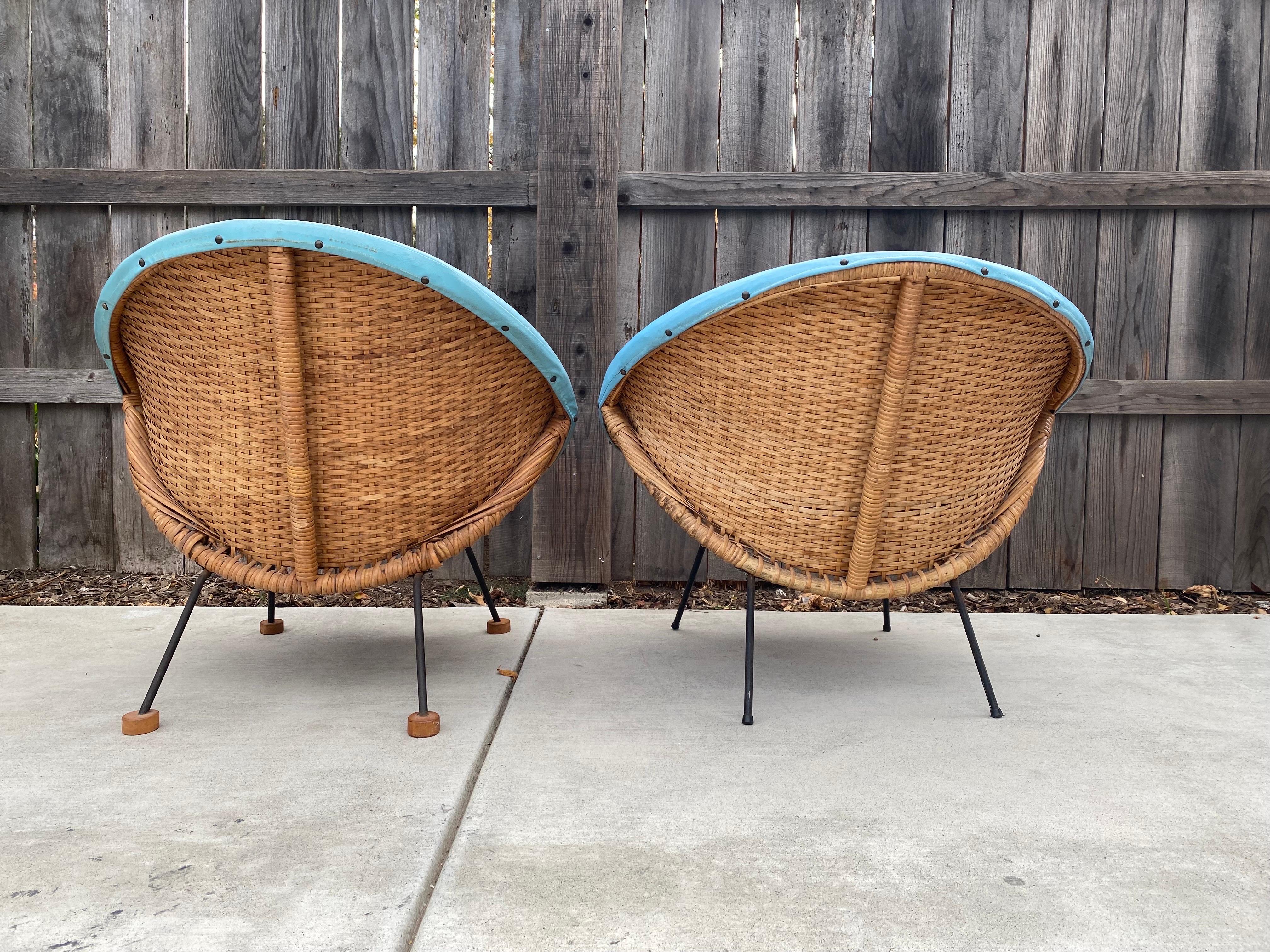 American Mid-Century Modern Boho Chic Turquoise Rattan Scoop Chairs, a Pair For Sale